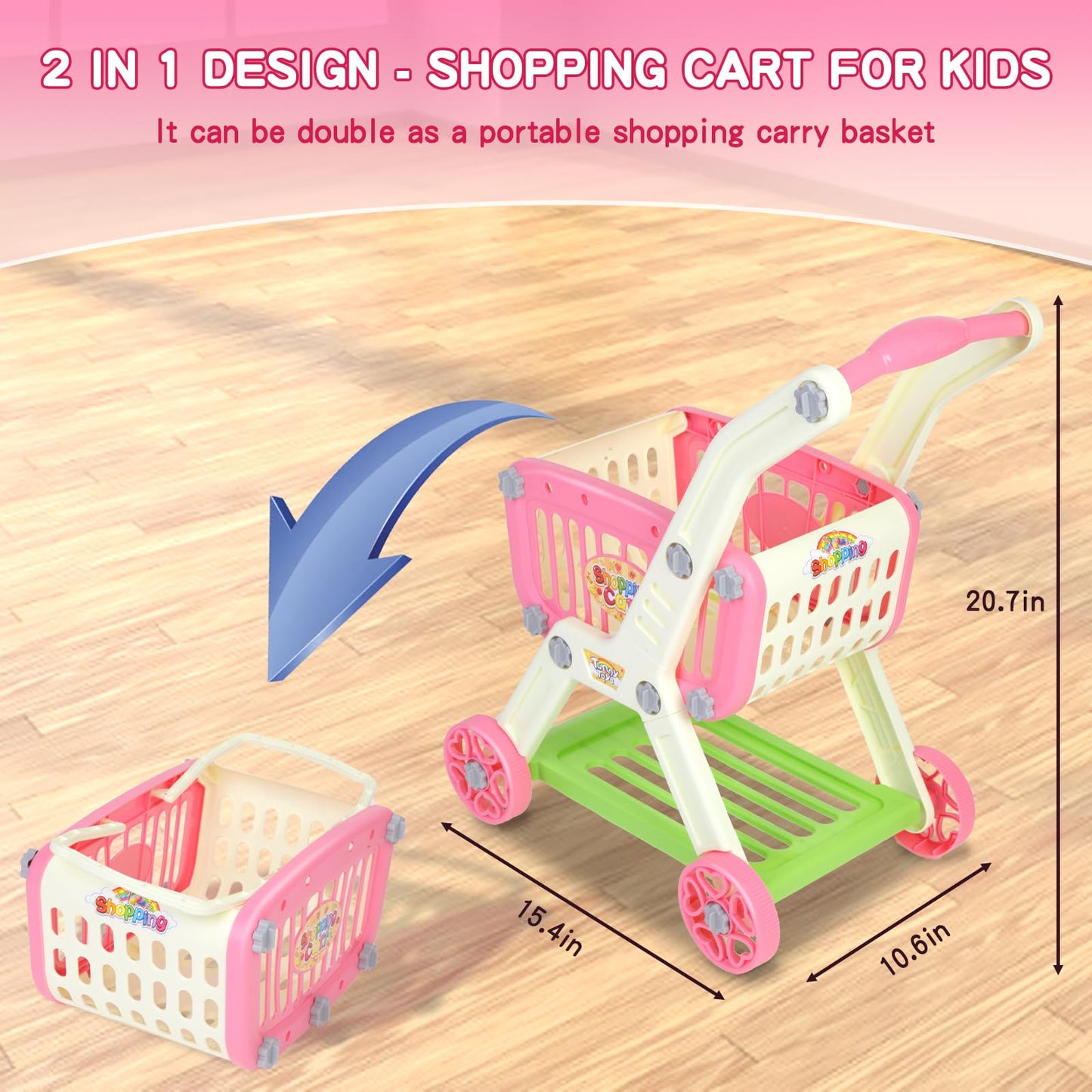 Toddler Shopping Cart - 2 in 1 Toy Grocery Cart for Kids with Pretend Play Food Toys for Girl, 72pcs Toy Shopping Cart Paly Money, Gift for 3 4 5 6 Year Old Girl Boy