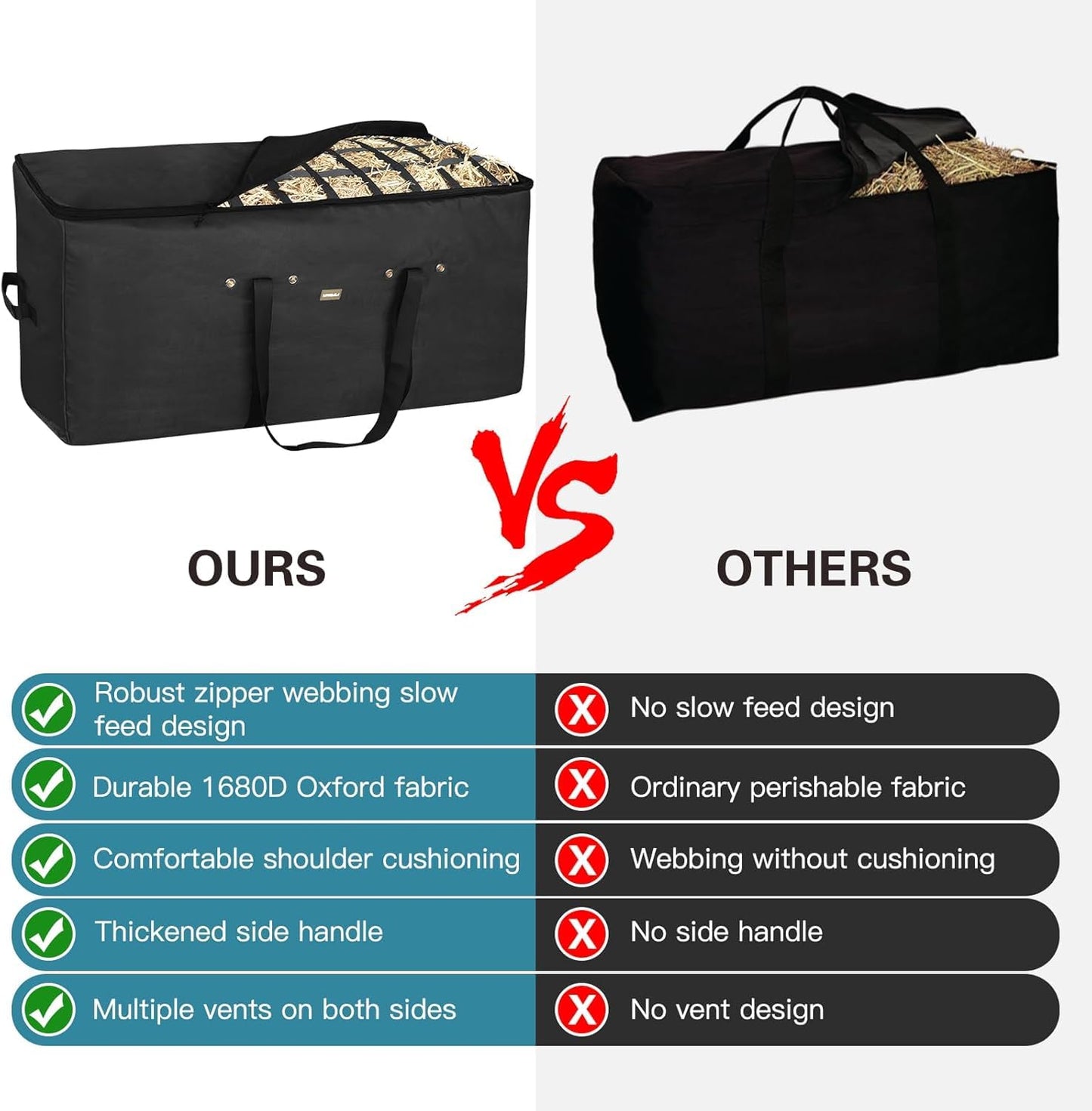 ASRJKIE Hay Bags for Horses, Hay Bale Bag 44x18x22inch Extra Large Top Slow Feed Design, Premium Oxford Heavy Duty Hay Bale Storage Bag for Barn Stable, Horses Sheep Donkey Goats