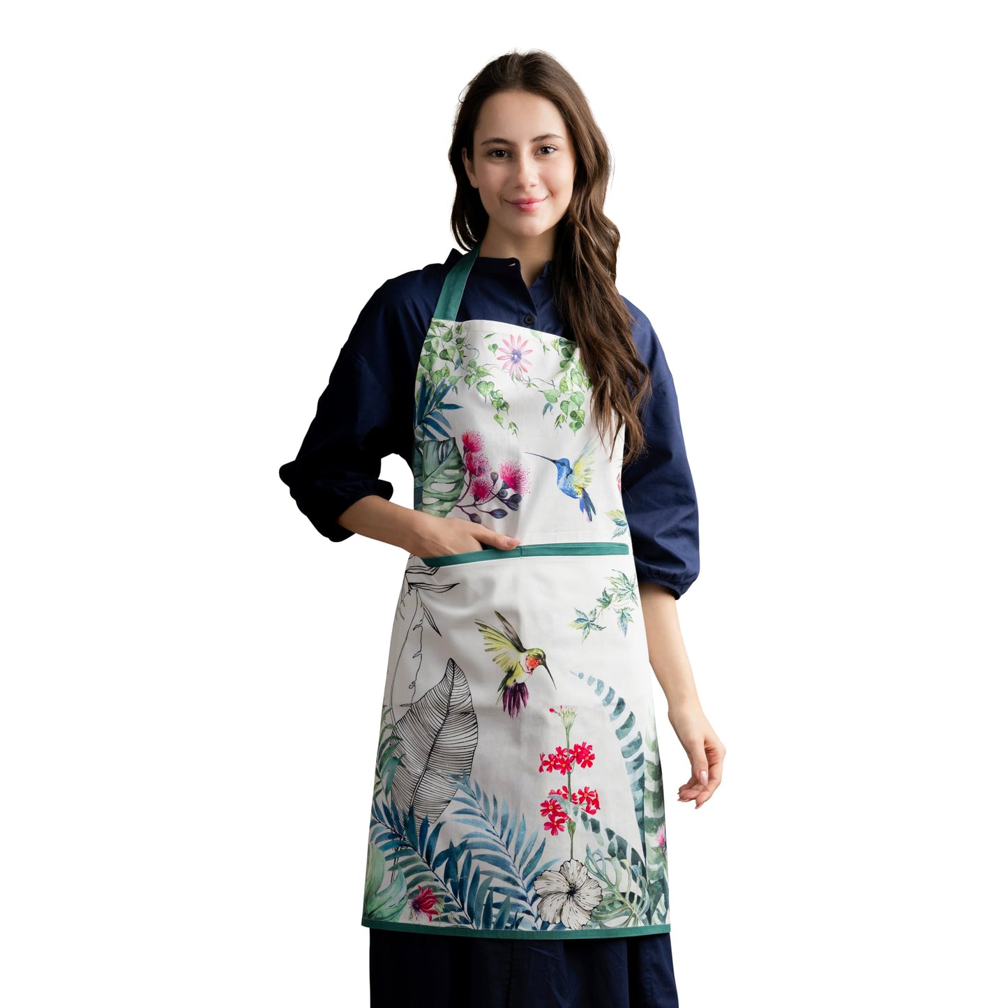 Maison d' Hermine Apron for women with Pocket 100% Cotton 27.50"x31.50" 1 Piece Adjustable Neck Strap & long ties Apron Men, Chef, Wedding, Cooking, Gardening, Server Spring/Summer (Tropiques)