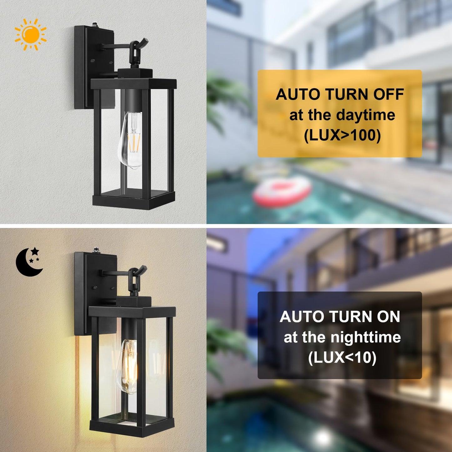 TOPKDA 2 Pack Dusk to Dawn Outdoor Light Fixture, Modern Outdoor Wall Light with Tempered Glass, Anti-Rust Aluminium Exterior Light Fixtures Wall Mount, Black Outside Lights for House, Porch, Garage