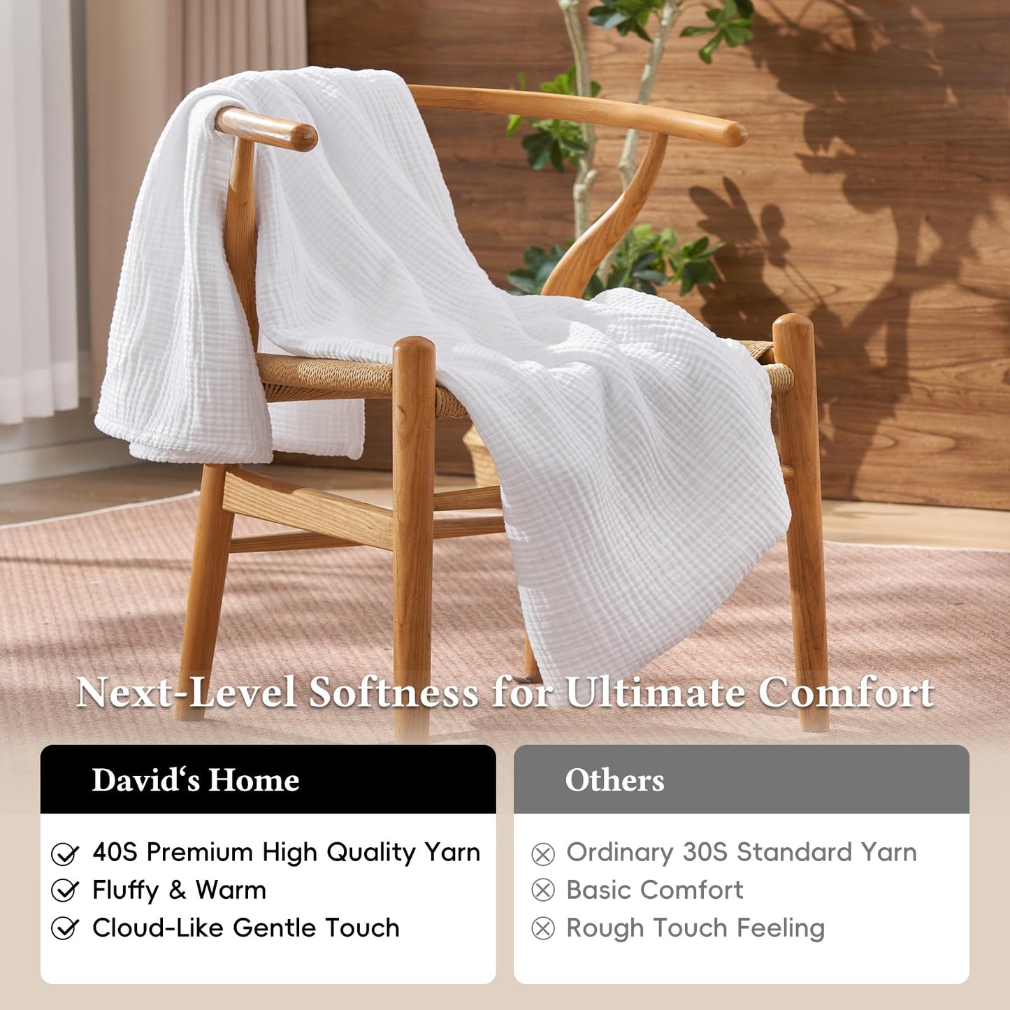 David's Home 100% Cotton Muslin Queen Size Blanket, 4-Layer Breathable and Lightweight Gauze Blanket for Bed Couch, Soft Muslin Blanket for Adults Hot Sleepers, Room Decor, White, 90 * 90"