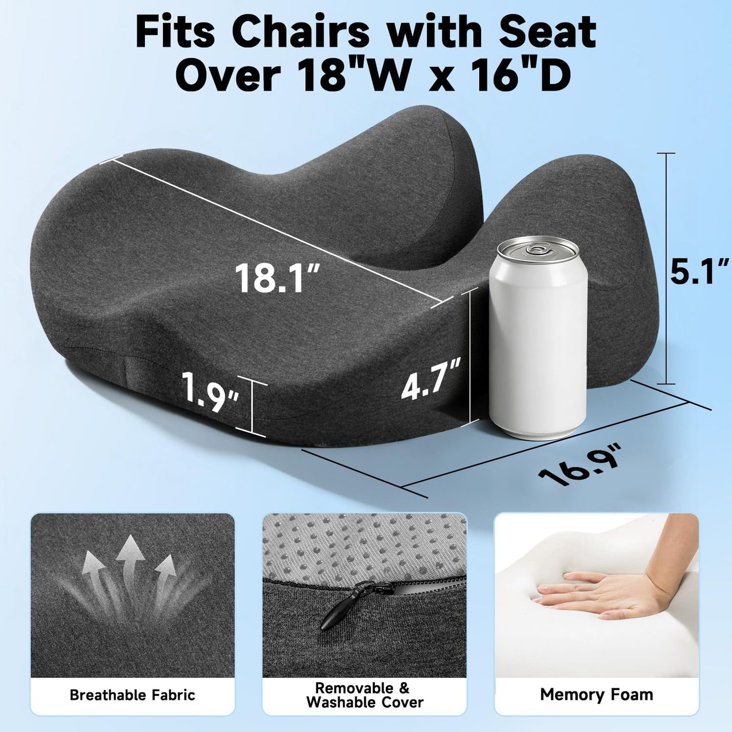 Ergonomic Seat Cushion for Office Chair, Memory Foam Seat Cushion with Stable Wraparound Support for Long Sitting, Office Chair Cushion for Home Office & Desk Chairs, Dark Grey