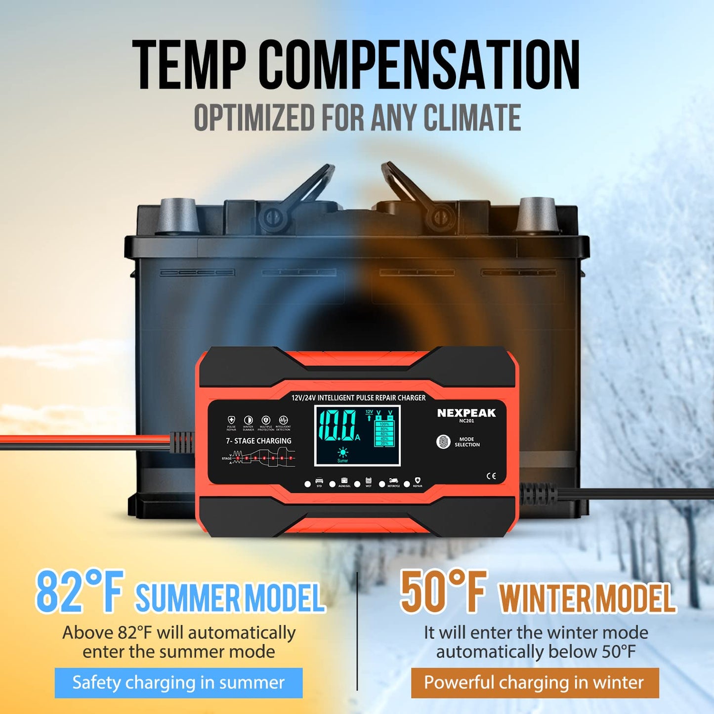 10-Amp Car Battery Charger, 12V and 24V Smart Fully Automatic Battery Charger Maintainer Trickle Charger w/Temperature Compensation for Car Truck Motorcycle Lawn Mower Boat Marine Lead Acid Batteries