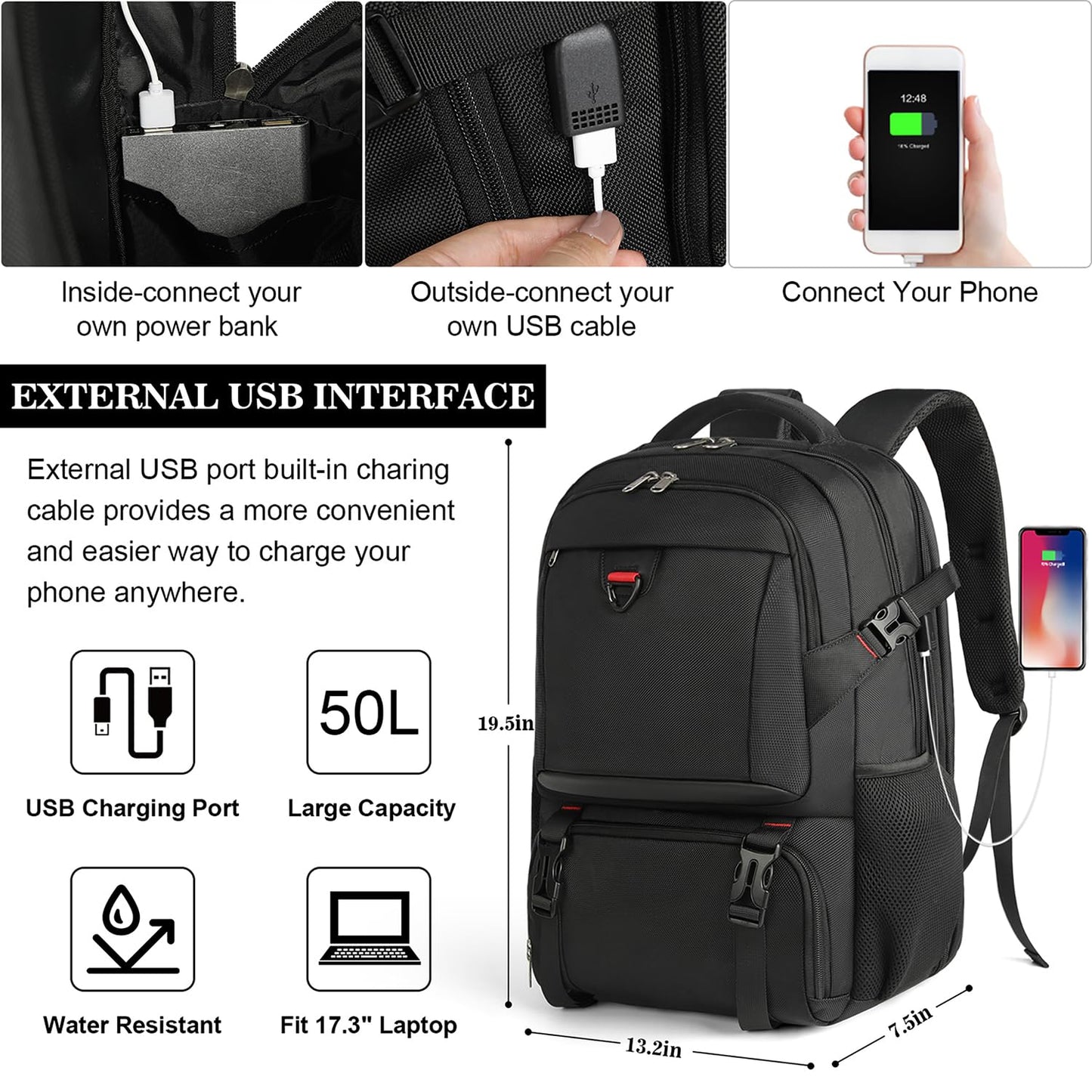 Lunch Backpack, 17.3 Inch Laptop Backpack with USB Charging Port 50L Travel Backpack for Men Women Work Backpack with Insulated Bag Waterproof Computer Backpack for College School Business, Black