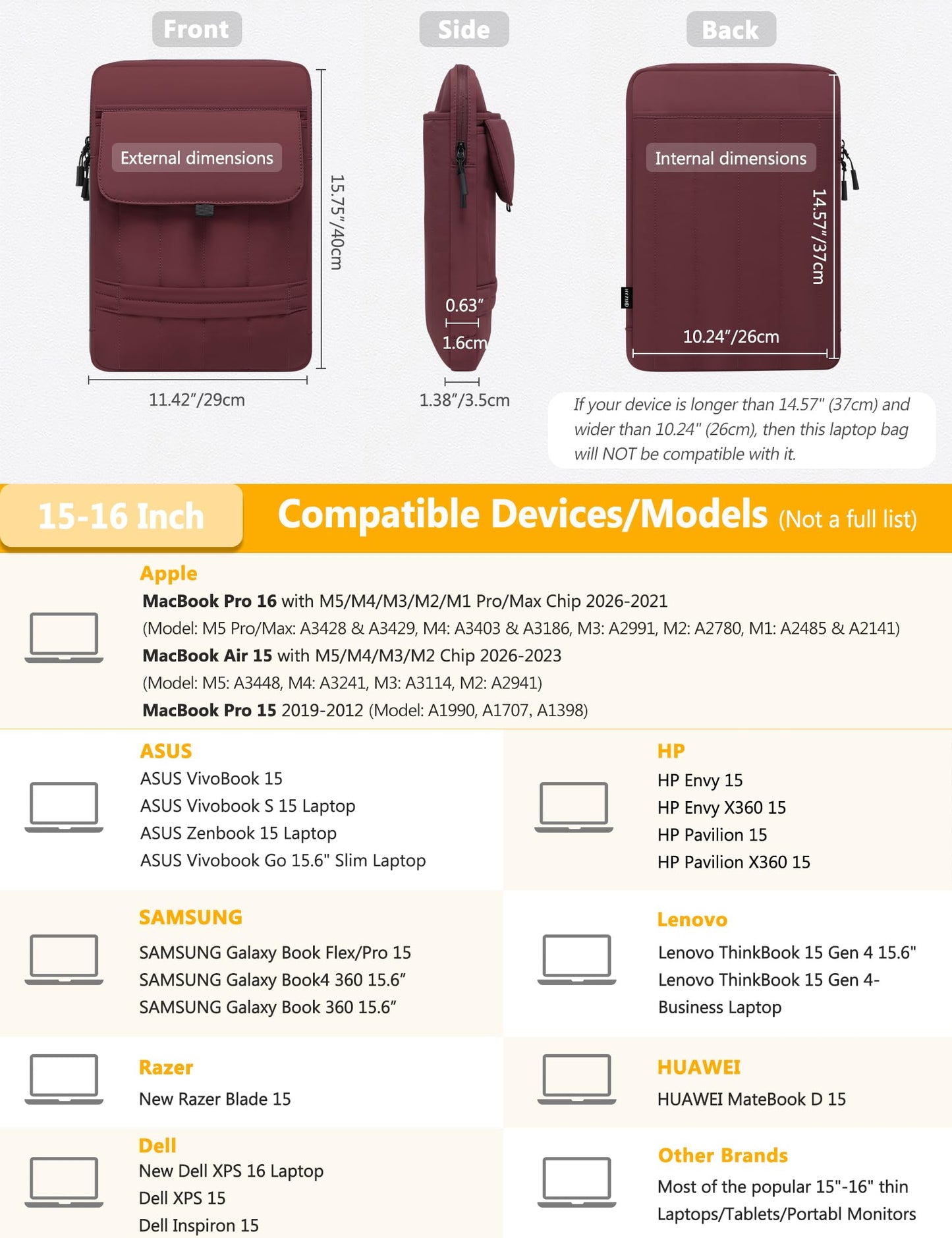 HYZUO 15-16 Inch Puffy Laptop Sleeve Padded Handbag for MacBook Pro 15/16, 15" 15.6" Dell/HP/Lenovo/Asus/Acer/Samsung Notebook Chromebook, Women Slim Shoulder Bags Work Daily Bag, Wine Red