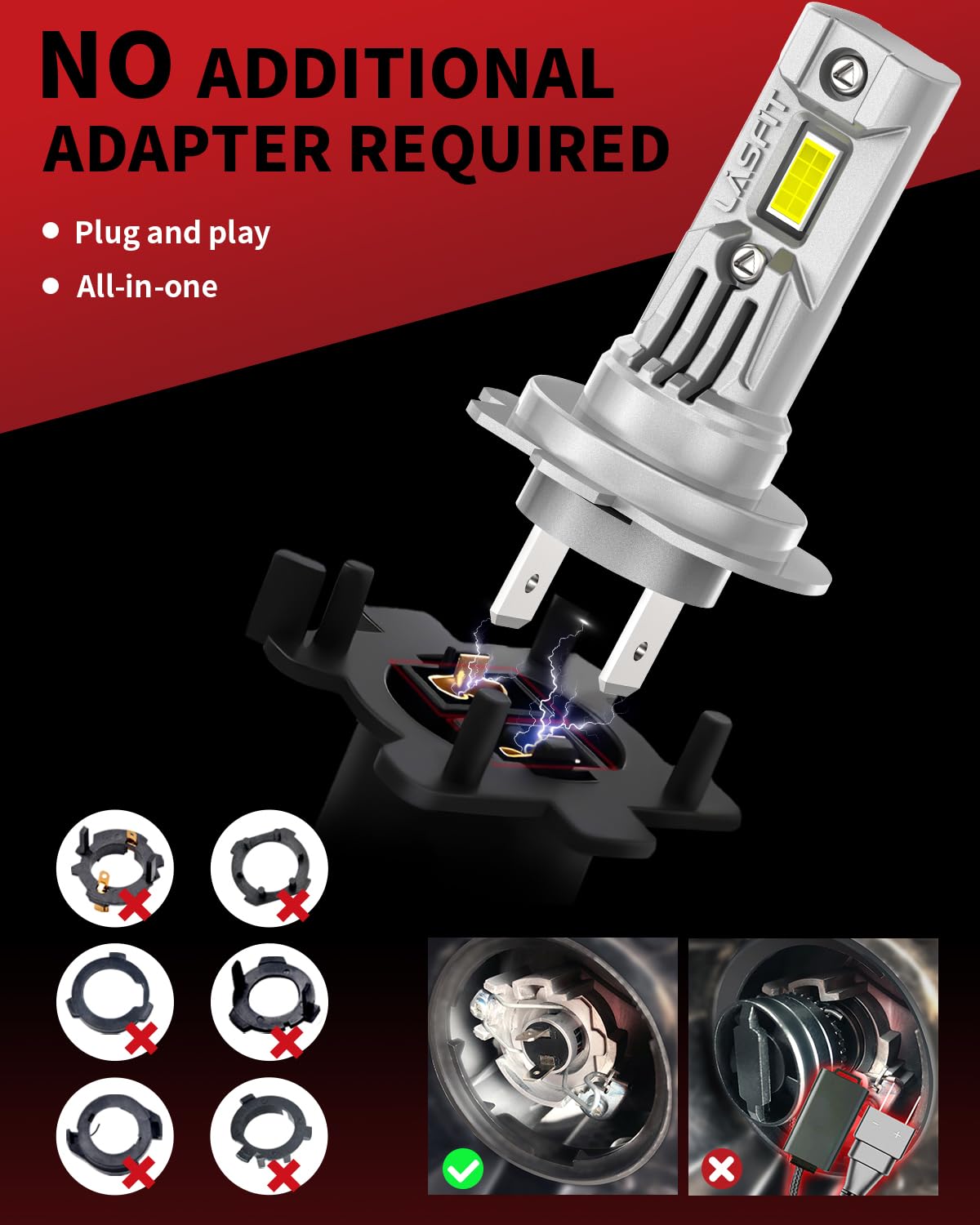 LASFIT 2026 𝐖𝐢𝐫𝐞𝐥𝐞𝐬𝐬 H7 LED Headlight Bulb, Real 60W 8X Brighter Halogen 1:1 No Adapter Replace, 500M Sight 6000K Xenon White, Canbus For Automotive Front/High/Low Beam Car light,Plug and Play