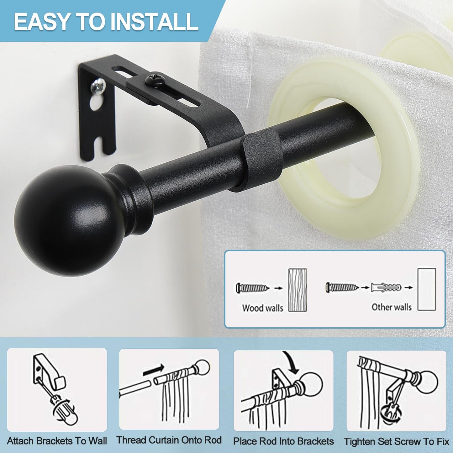 2 Pack Curtain Rods for Windows 28 to 81 Inch, 5/8 Inch Extra Long Matte Black Curtain Rod with Brackets(size：2.3-6.7 Feet)