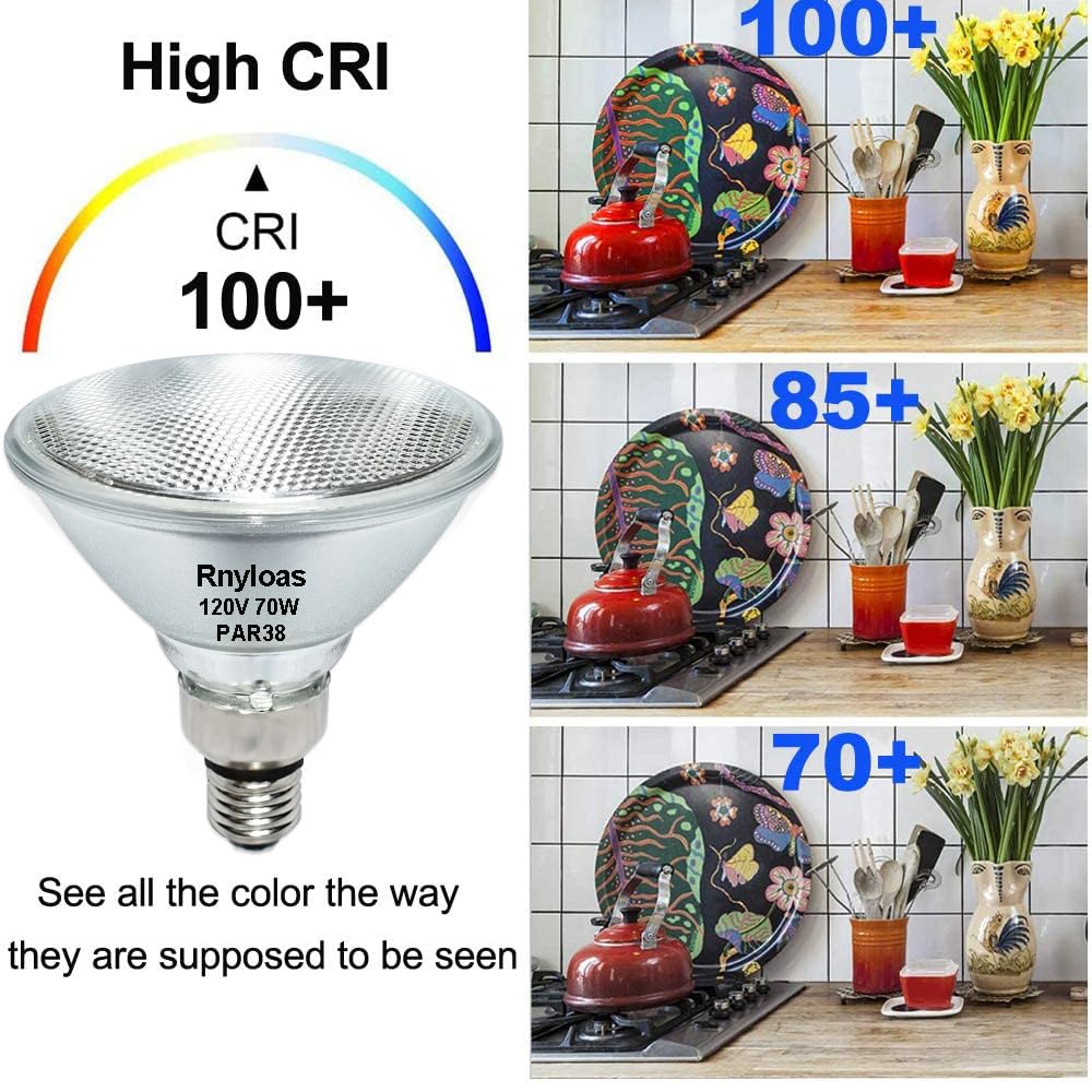 Rnyloas PAR38 Halogen Flood Light 70W 120V（80W Equivalent,4 Pack Long Lifespan PAR38 Flood Light Dimmable, High Output 800LM PAR38 Bulb with E26 Base, 2800k Warm White Halogen Par38 Light Bulb