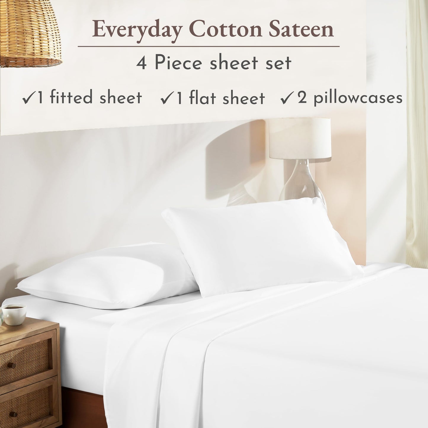 California Design Den 100% Cotton Sheets for Queen Size Bed Sheets with Deep Pocket, Queen Sheet Set with Sateen Weave, Cooling Sheets (White)