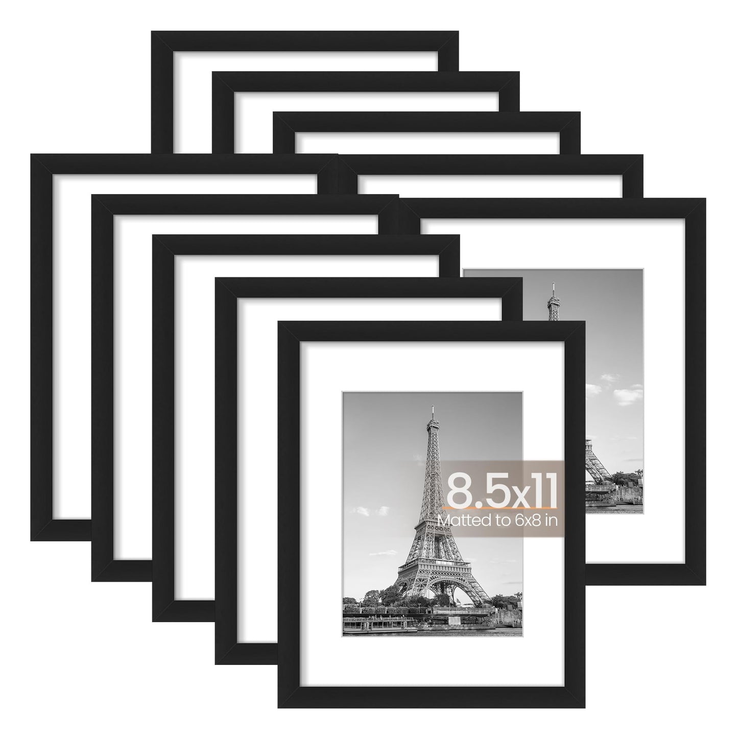 upsimples 8.5x11 Picture Frame Set of 10, Display Pictures 6x8 with Mat or 8.5x11 Without, Multi Photo Frames Collage for Wall or Tabletop Display, Black