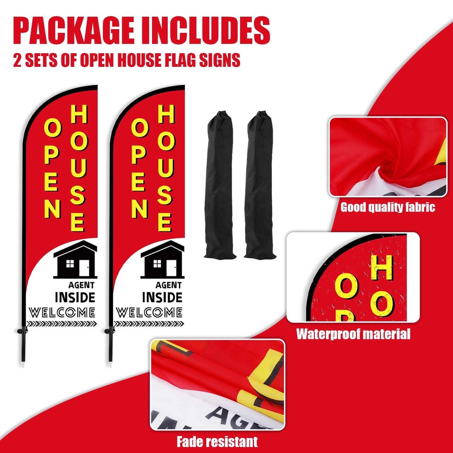 2pcs Open House Banner Sign, Open House Flag Real Estate Sign Post with Adjustable Ground Stakes for Real Estate Agents