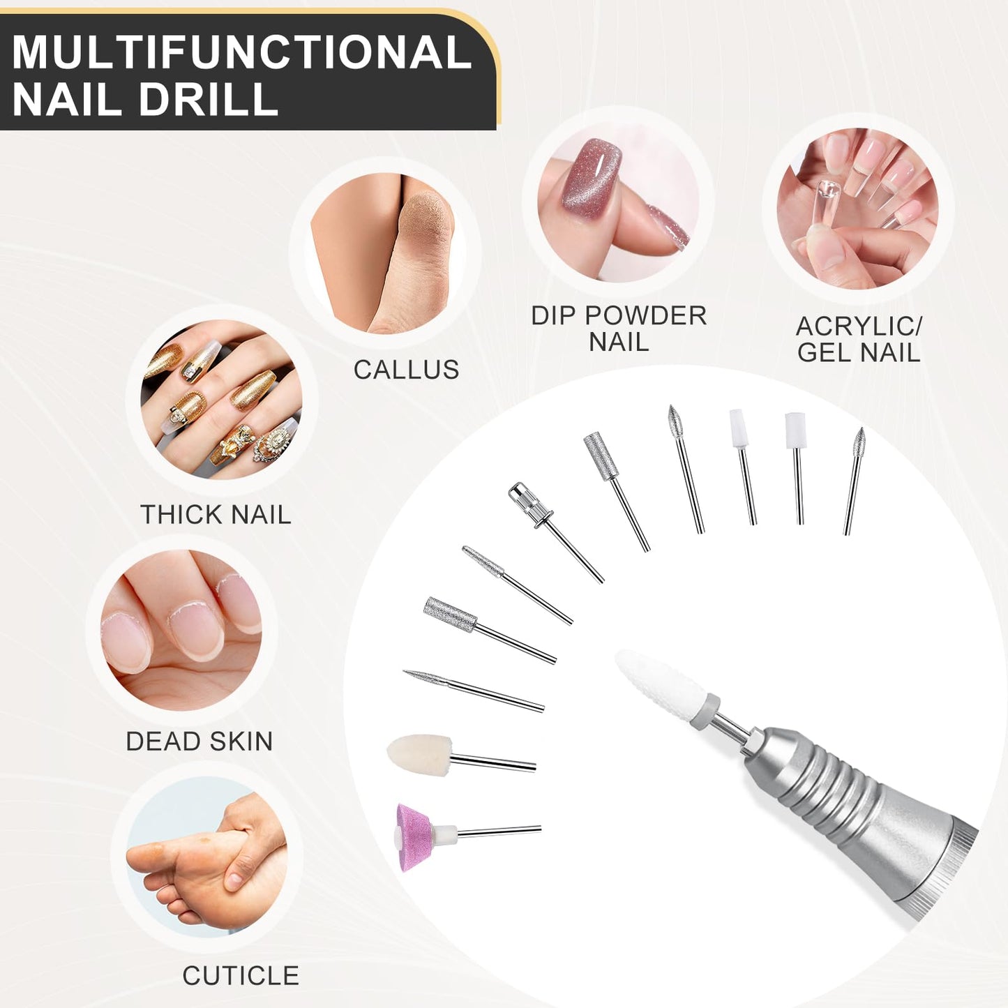 Professional Nail Drill, Urbuti 40000RPM Rechargeable Electric Nail Drill Machine with Base & 12 Drill Bit for Remove Gel Nail Polish Acrylic Nails Manicure for Salon Home(Gray)