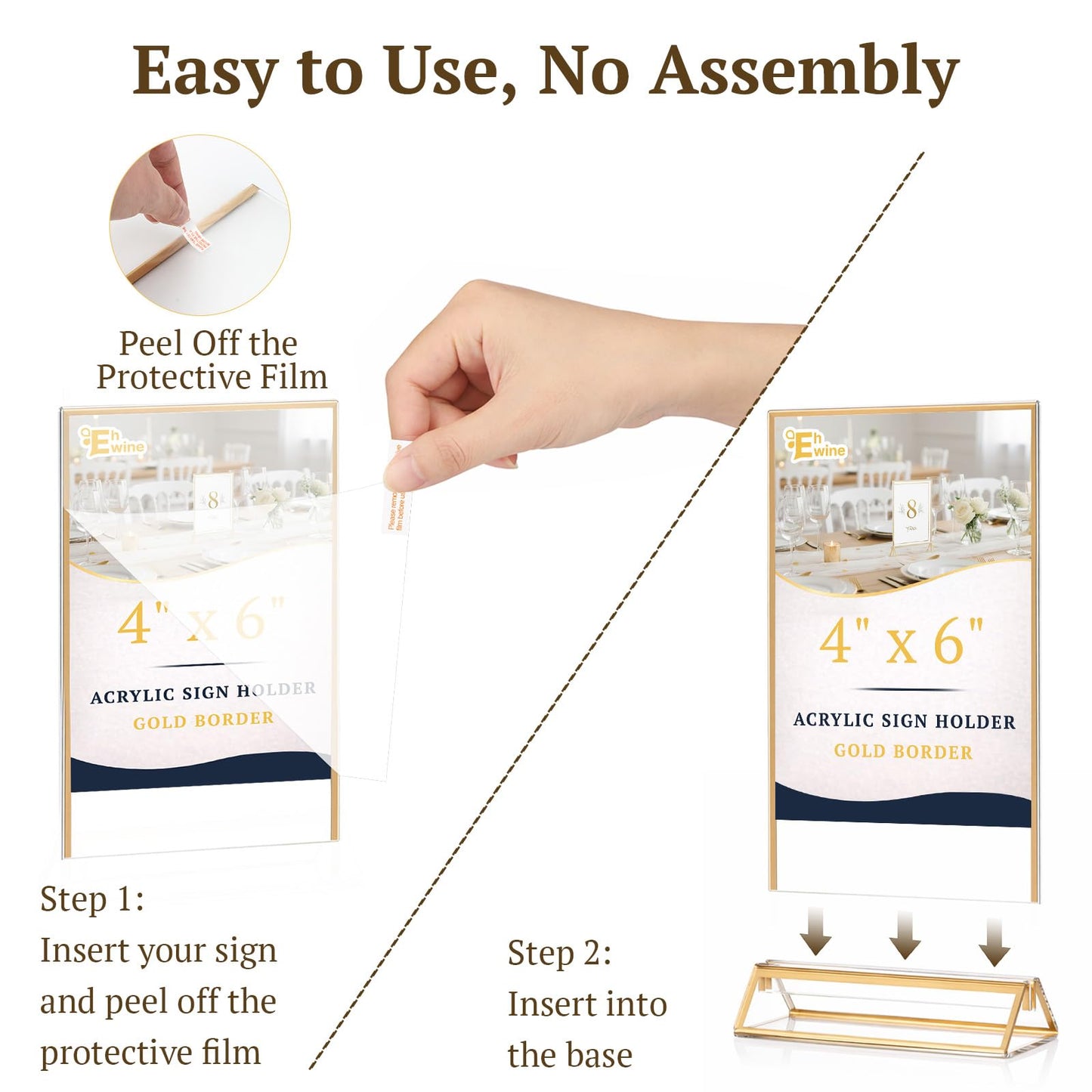 EHWINE 12 Pack Acrylic Sign Holder 4 x 6, Double Sided Gold Picture Frame Stand up Table Top Sign Holders, Clear Display Stand Menu Flyer Holder for Wedding Party