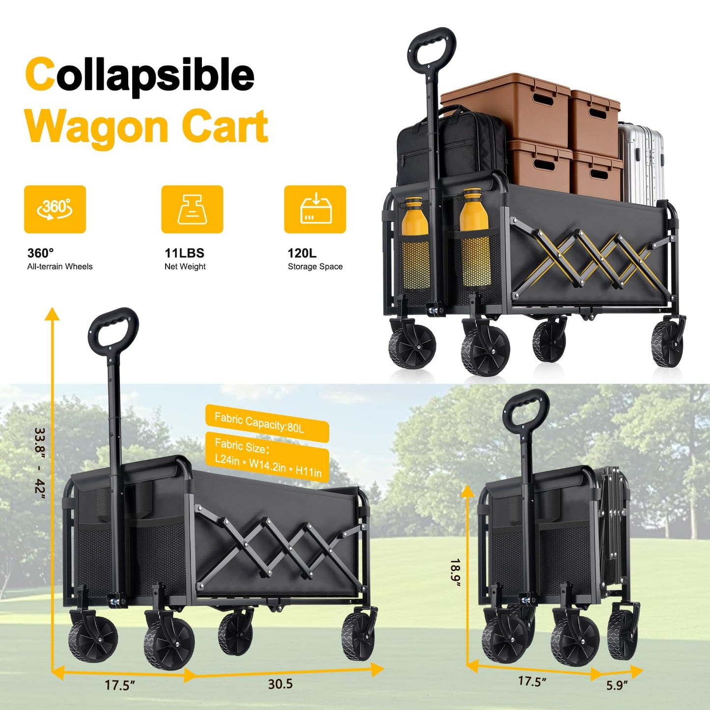 Collapsible Wagon Cart Heavy Duty - 280LBS Lightweight Portable Folding Wagon for Groceries with All-Terrain Wheels & Foldable Cart for Beach, Shopping & Camping
