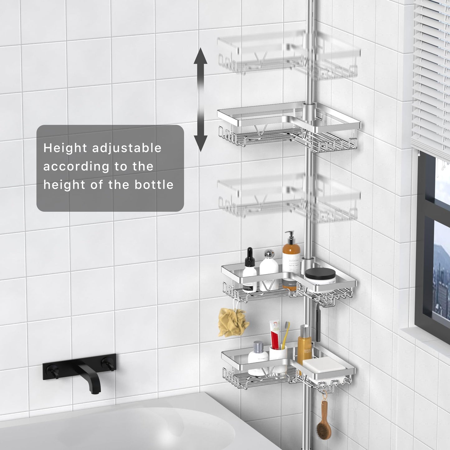 KEGII Corner Shower Caddy Tension Pole, Stainless Steel Bathroom Organizer with Hooks & Soap Holder, Adjustable from 25 to 114.2 inch, 4-Tier Corner Shower Rack for Bathtub Shampoo Storage - Silver