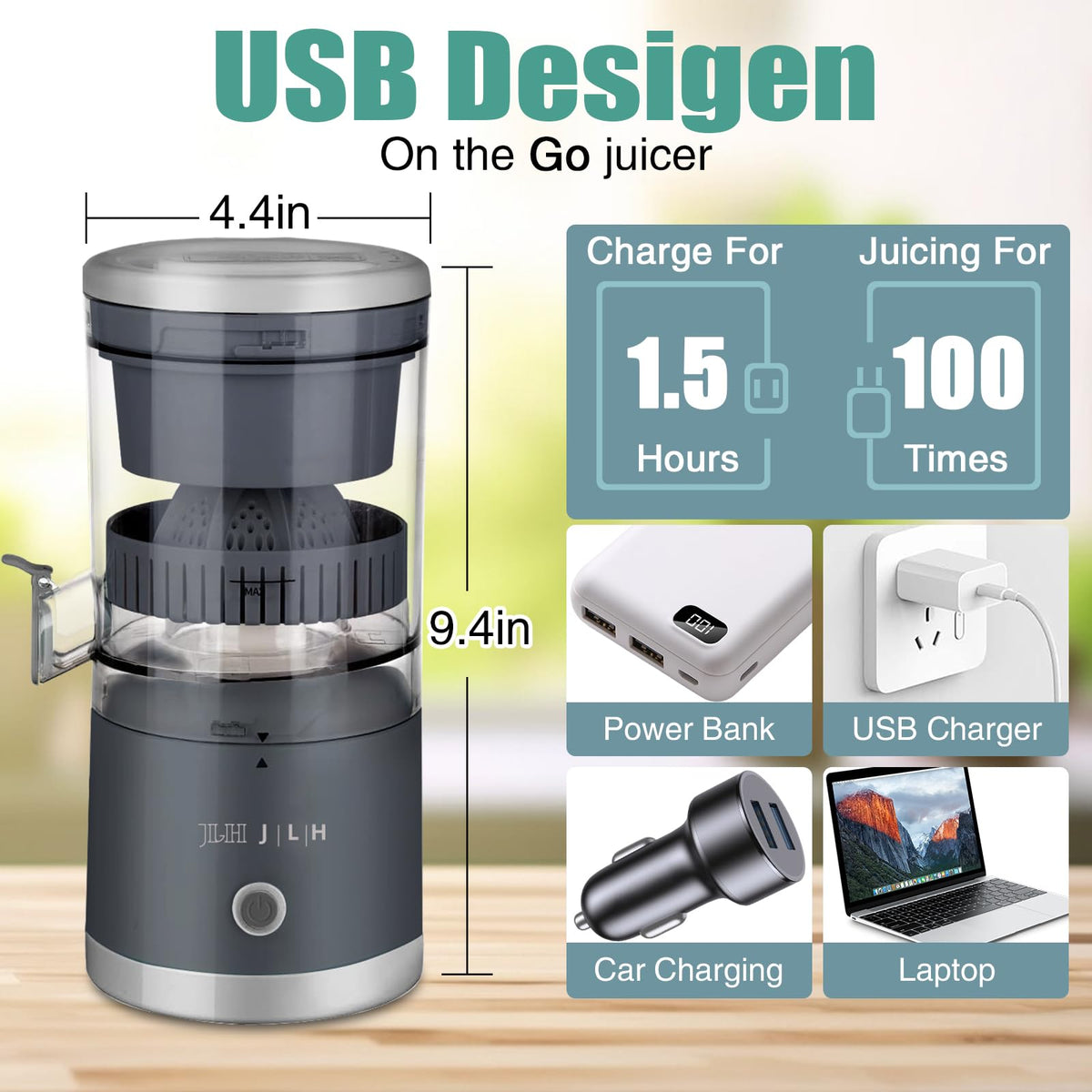 JLH Electric Citrus Juicer, Rechargeable Juicer Machines with USB and Cleaning Brush,portable electric Lemon Squeezer for Orange, Lemon,Lime, Grapefruit, Pomegranate, grapefruit(Grey) (Grey)