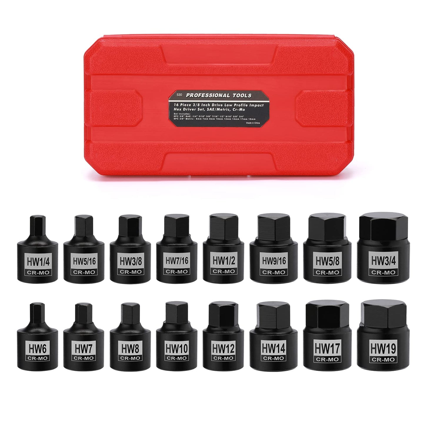 Mayouko 16 Pieces 3/8" Drive Low Profile Hex Socket Set, Impact Allen Bit Socket, CR-MO, 1/4"-3/4", 6mm-19mm, SAE&Metric