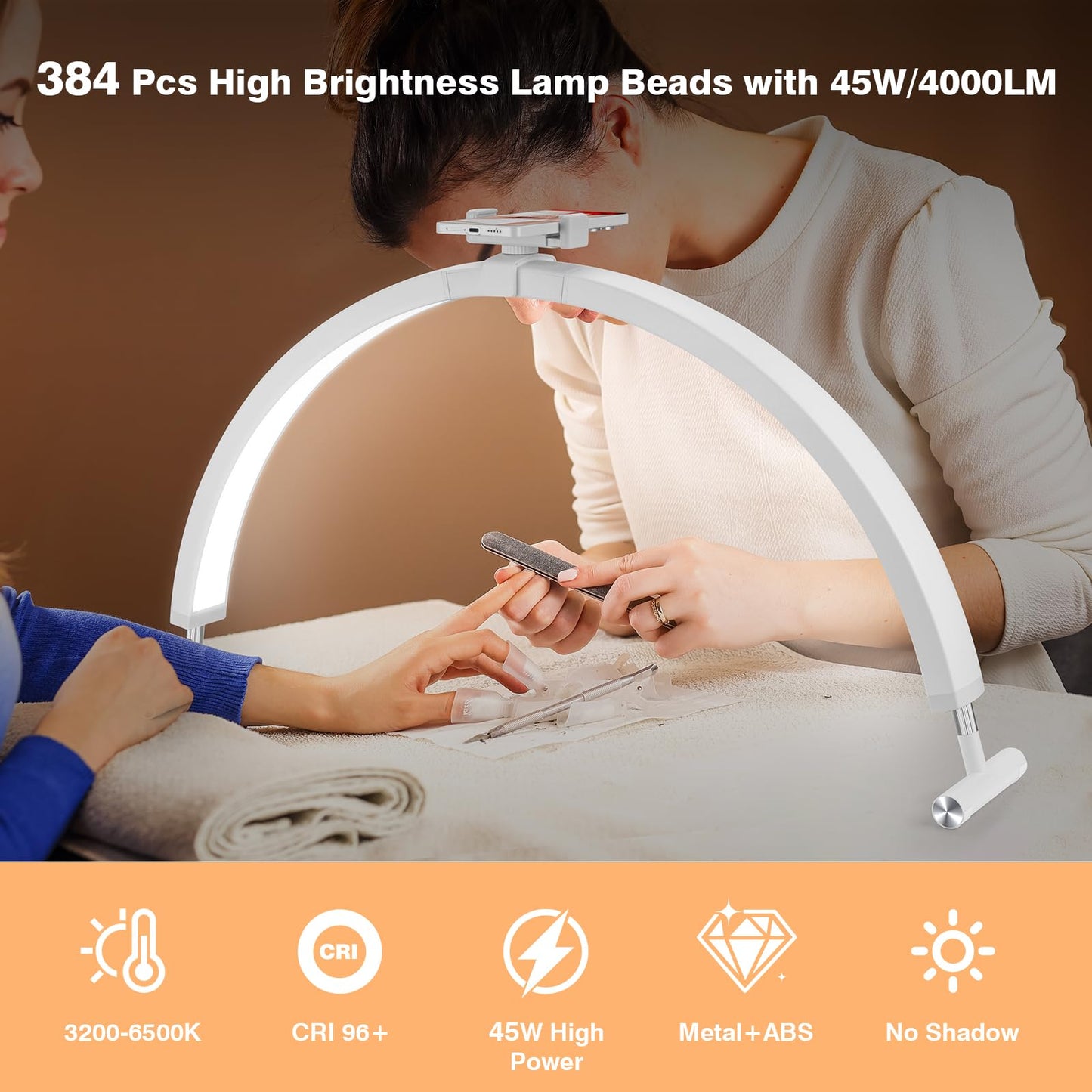 Mznoo Nail Light for Desk, 30in Large Half Moon Light with Phone Holder, 4000 Lumen Bright LED Moon Lamp for Nail Techs, Manicure and Handicraft, Adjustable Color Modes and Brightness (White)