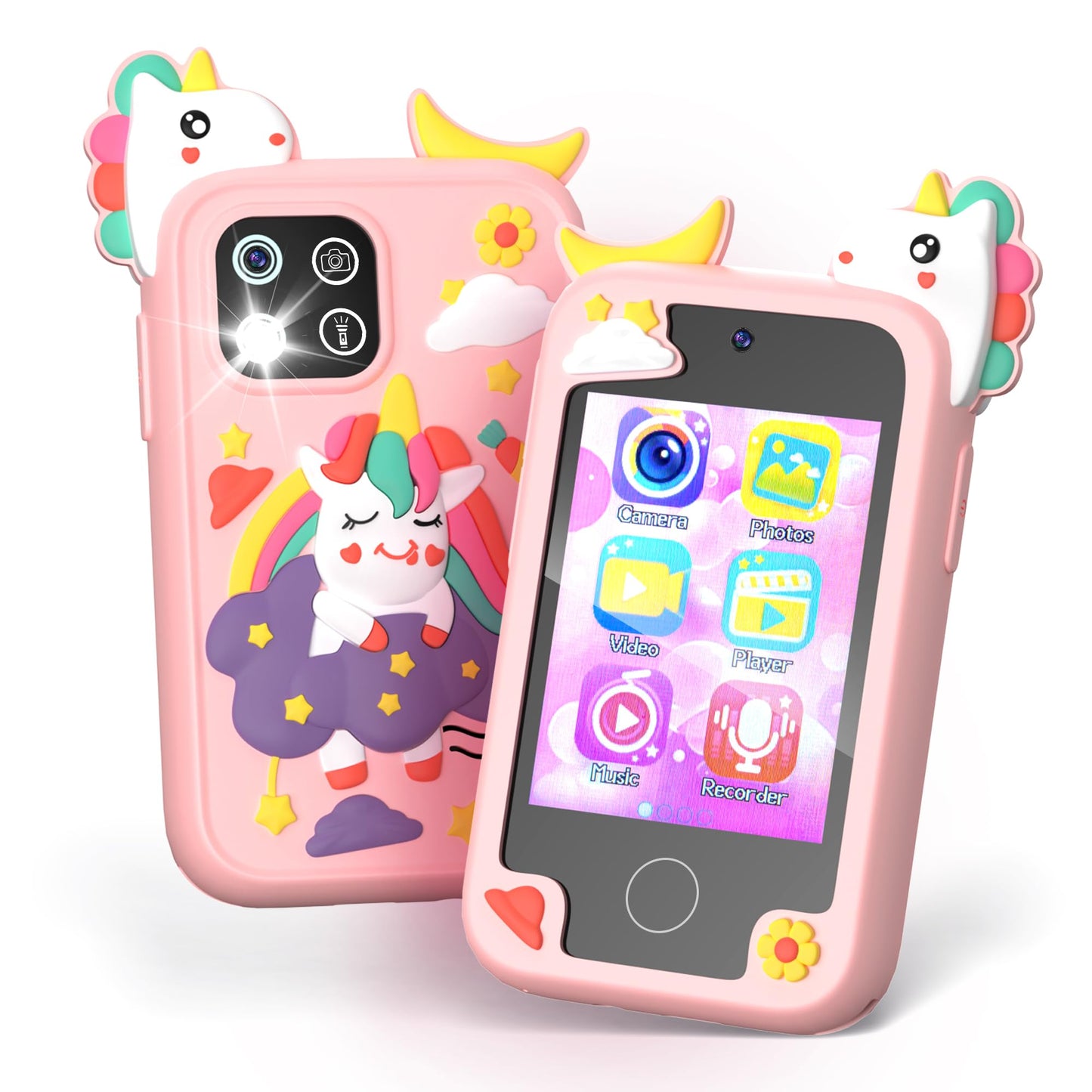 Upgrade Mini Kids Toy Pretend Smartphone, Unicorn Selfie Phone with 2.8” Touchscreen - Rich 20 Learning Games - Dual Camera - Music Player, for 3-10 Years Old Boys Girls, 32GB Card, Pink