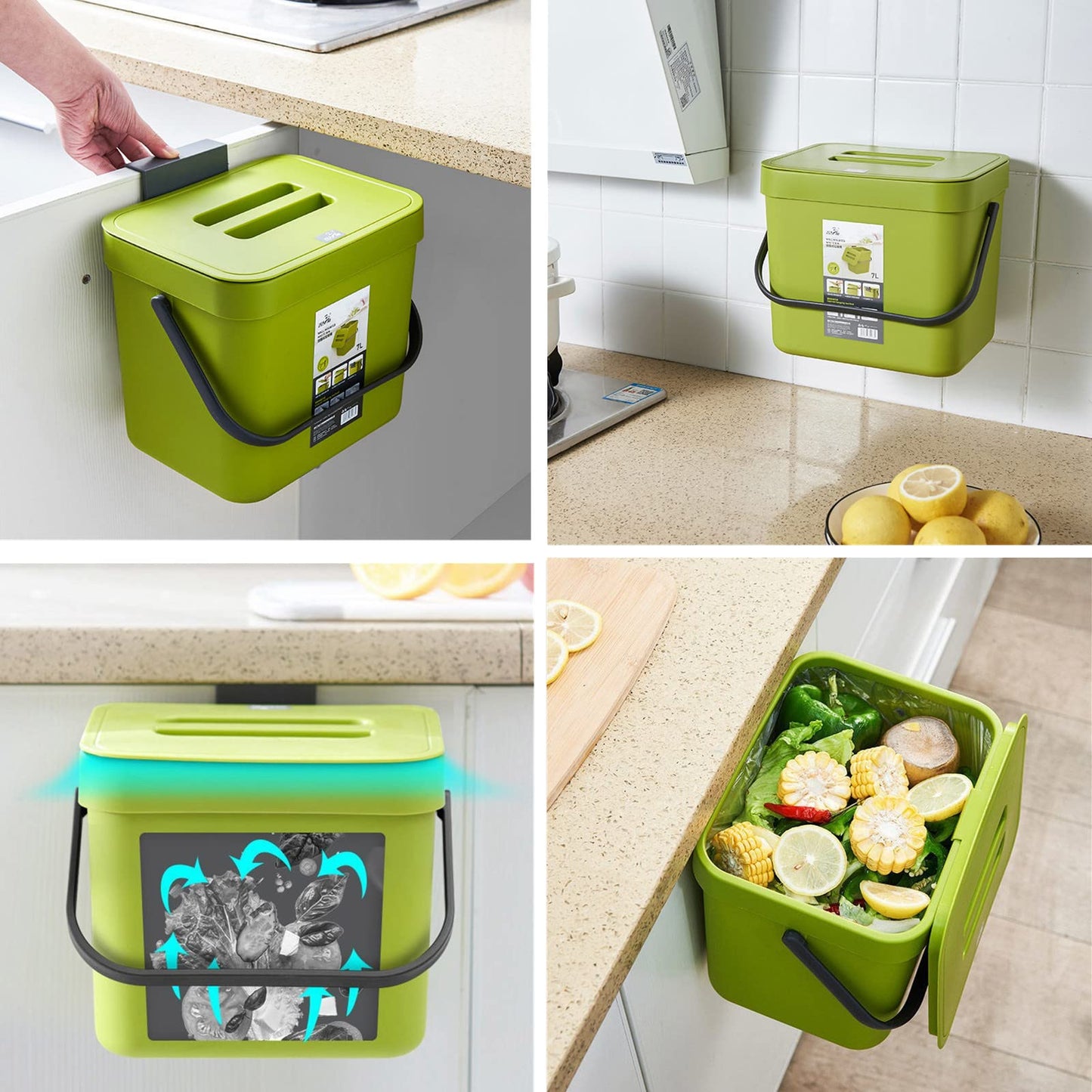 Compost Bin for Kitchen, 1.8 Gallon Hanging Small Trash Can with Lid, Sealed Food Waste Bucket for Counter Top or Under Sink, Indoor Garbage Bins for Bathroom, Bedroom, Living Room, Office (Black)
