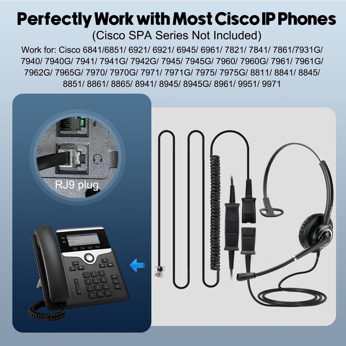 MKJ Telephone Headset with Microphone Corded RJ9, Call Center Phone Headset Noise Cancelling for Cisco CP-7821 7861 7931G 7940 7942G 7945G 7960 7961 7961G 7962G 7965G 7975 8811 8861 9951 9971
