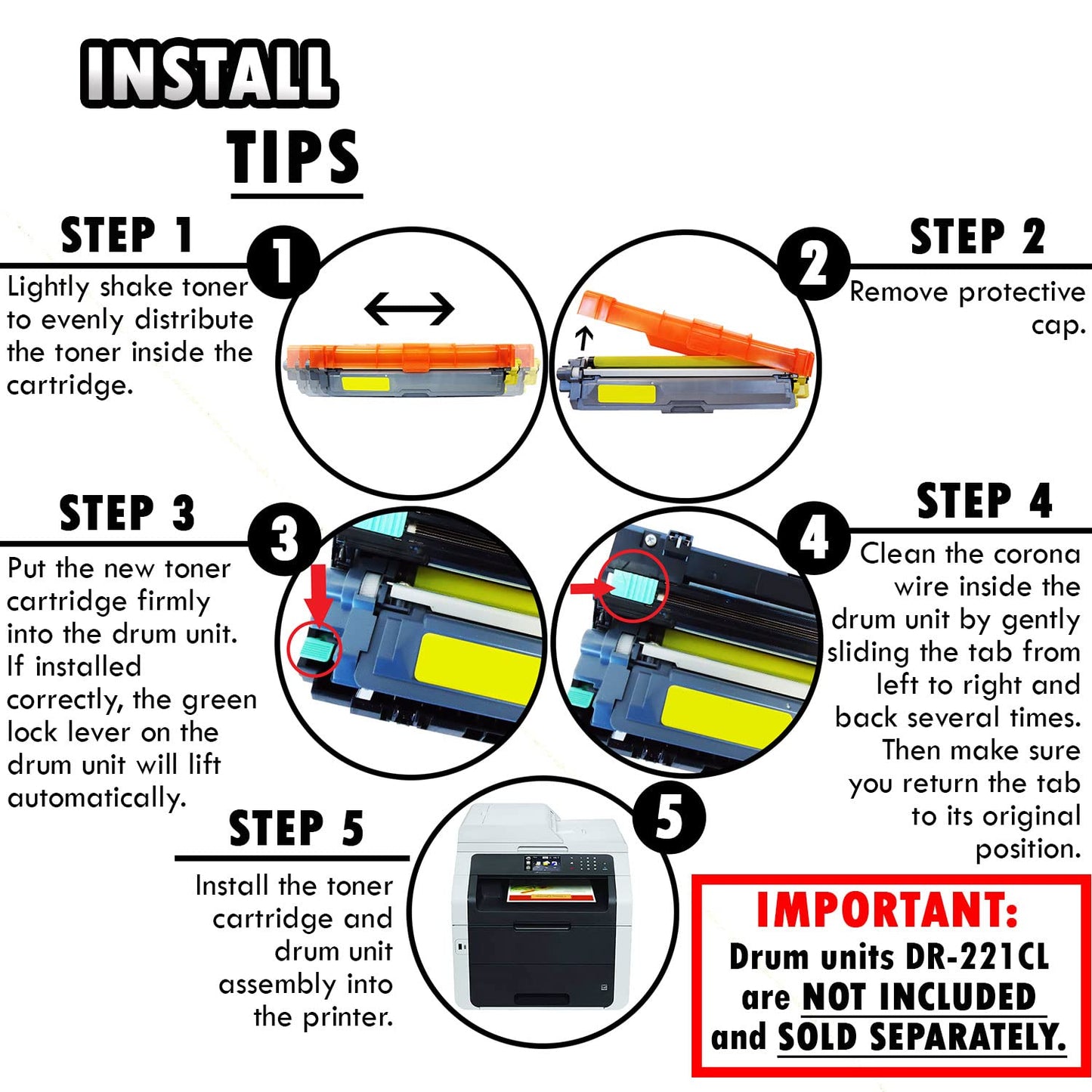 1 Set of 4 Inkfirst® Toner Cartridges Compatible Remanufactured for Brother TN221 TN225 Black Cyan, Magenta, Yellow MFC-9340CDW HL-3170CDW HL-3170CW HL-3140CW MFC-9130CW MFC-9330CDW TN221BK TN225C TN225M TN225Y