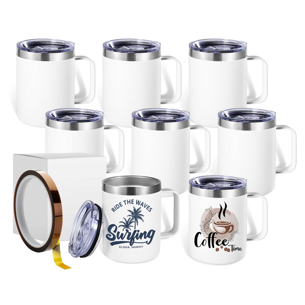 ColorSub 12oz Sublimation Coffee Mugs with Handle Straight Matte Travel Coffee Cups Insulated Stainless Steel Tumblers with Gift Box, Heat Tape for Hot Cold Drinks, 8 Pack