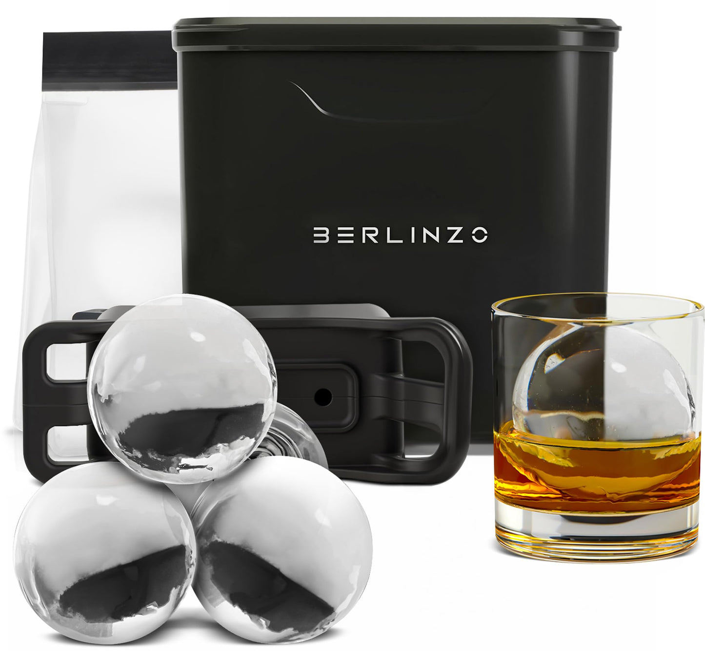 Berlinzo Premium Clear Ice Ball Maker Mold - 2 Large 2.4" Crystal Clear Ice Round Balls for Whiskey, Cocktails & Bourbon, Easy-to-Remove Ice Sphere Mold - Storage Bag Included - Black (Non-Electric)