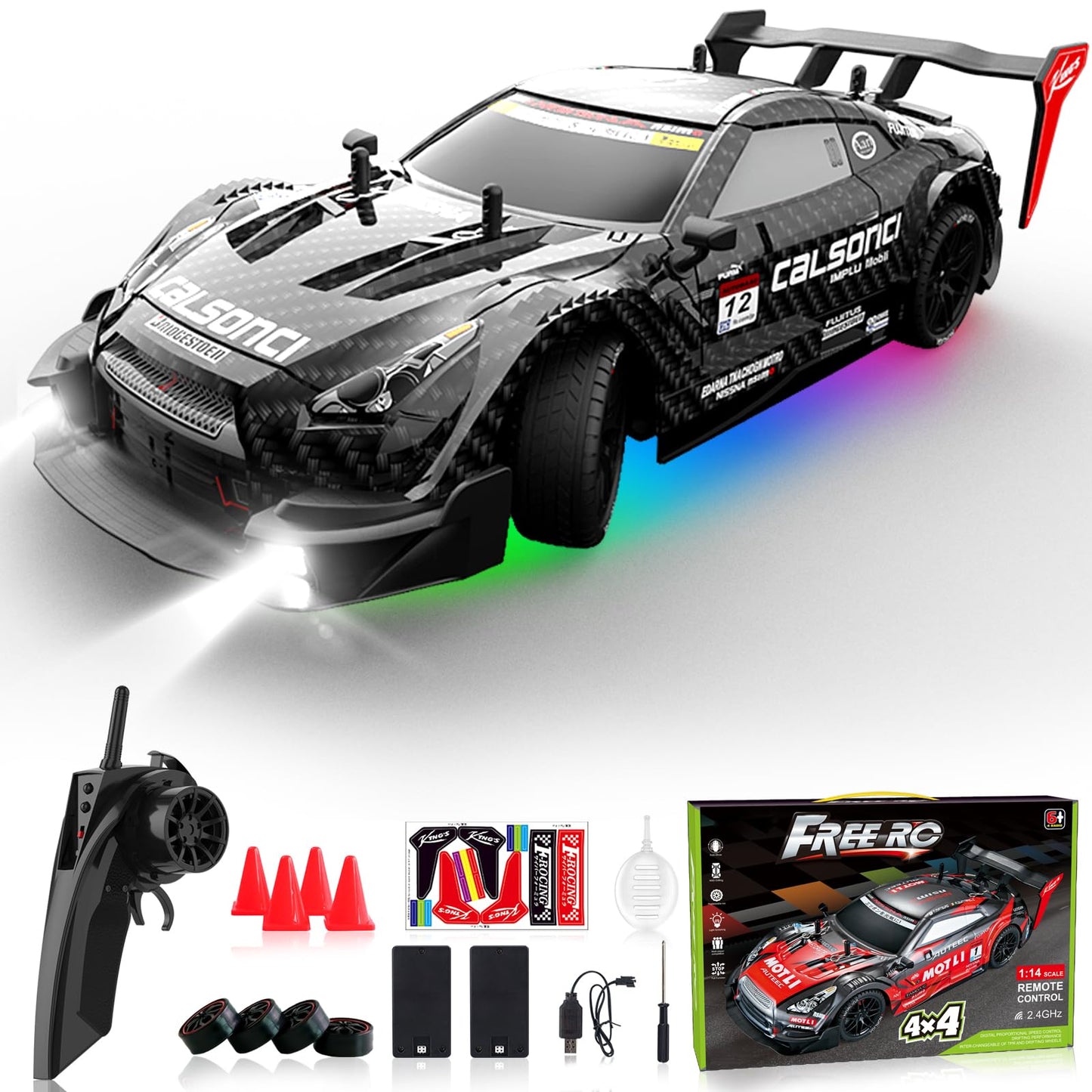 Remote Control Car RC Drift Car 1:16 Scale 4WD RC Car with LED Lights 2.4GHz 30km/h RTR High Speed Racing Sport Toy for Adults Boys Girls Kids Gift 2Pcs Rechargeable Battery