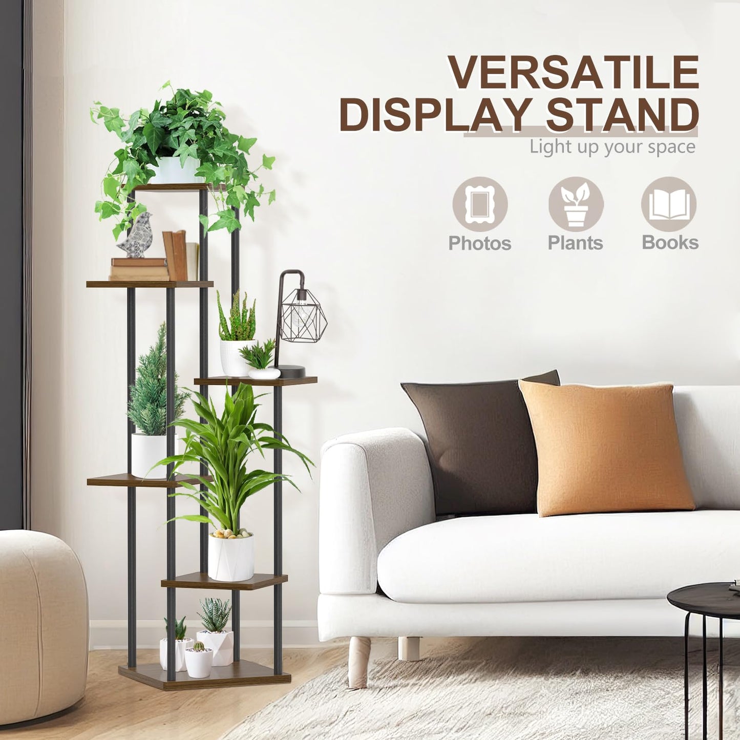 Oppro 6 Tier Plant Stands Indoor, Metal Wood Tiered Corner Plant Stand Pot Holder, Wood Flower Shelf Display Rack for Living Room Bedroom Outdoor Balcony Garden Patio, Oak