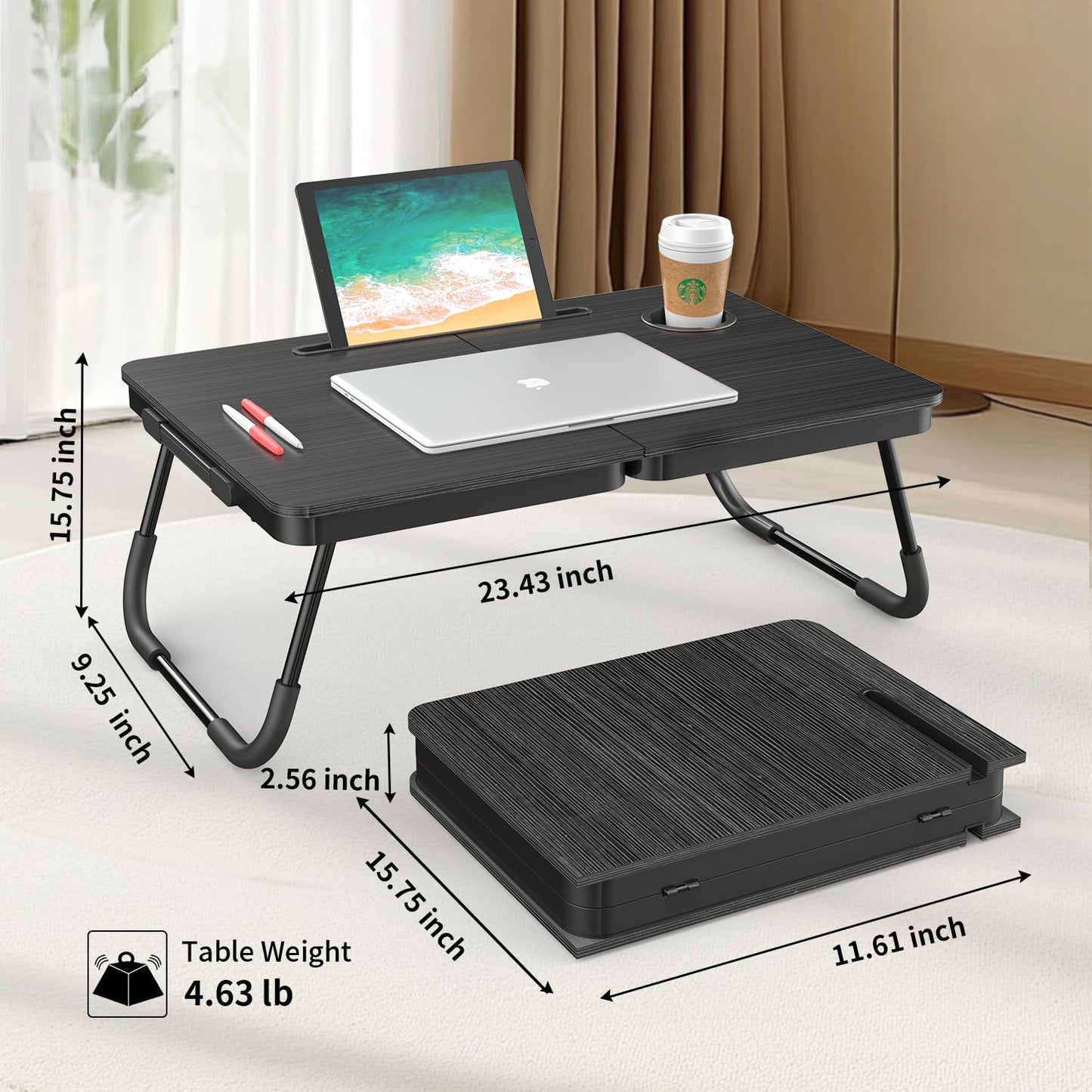 BUYIFY Portable Foldable Laptop Desk for Bed and Couch, Adjustable Lap Desk with Cup Holder and Phone Holder, Ideal for Working, Reading, Writing, and Breakfast (Black)-KKP1