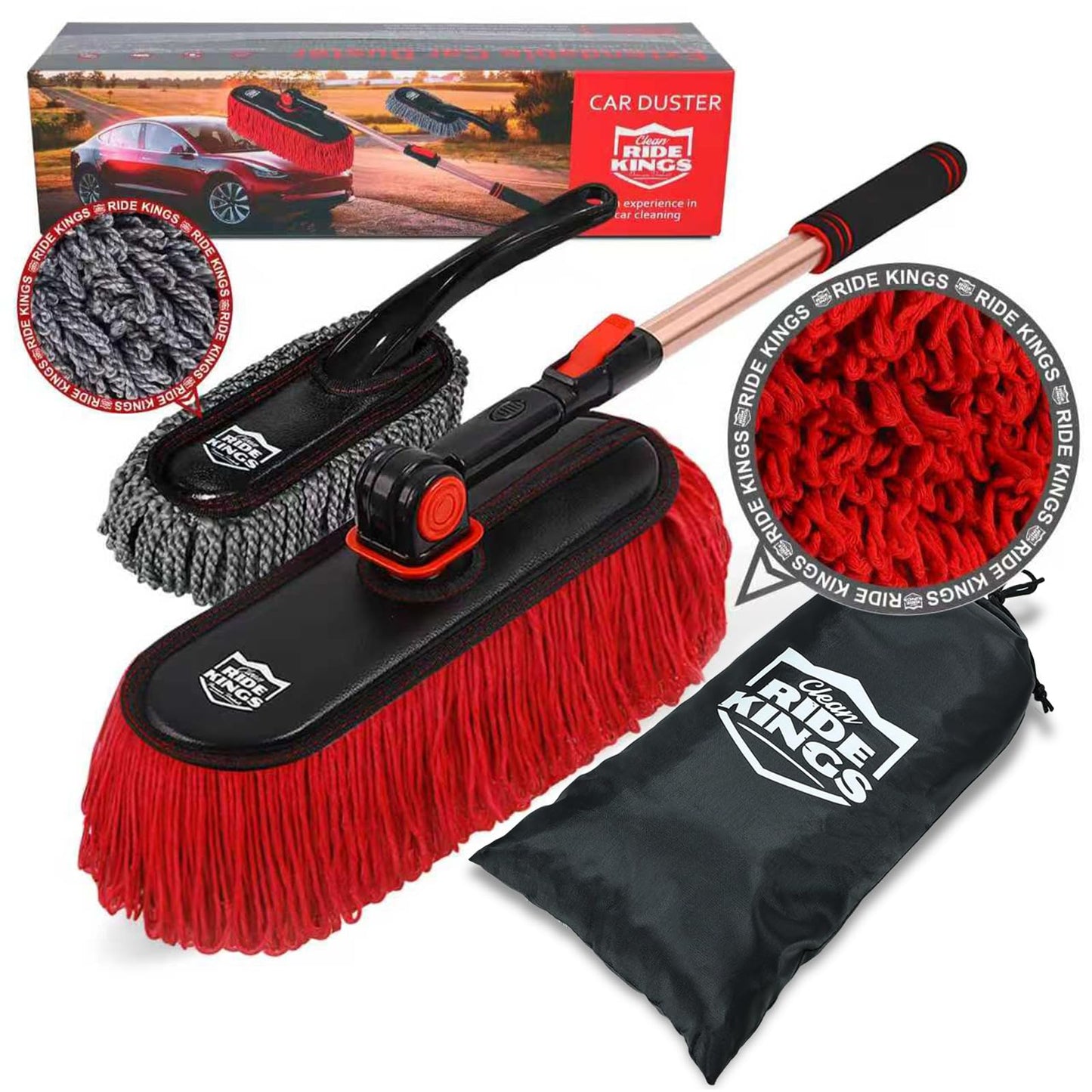 RIDE KINGS Car Duster Exterior Scratch Free,Car Dust Brush with Extendable Telescoping Handle to Remove Dust Pollen,Duster for Car,Truck,RV and Motorcycle,Large Auto Mop Duster Head, Wax Cotton Hair