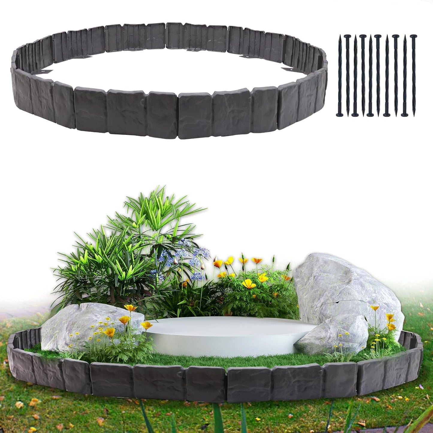 Garden Edging Border, 16FT Landscape Edging Borders for Flower Beds, Imitation Stone Effect Garden Lawn Border Faux Stone Landscape Edging and Plastic No Dig (Black-20)