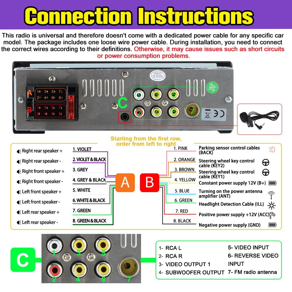 Pyniro Single Din Car Radio with 6.36" IPS Touchscreen, Wireless CarPlay & Android Auto, Backup Camera, Bluetooth, External Mic, USB/TF/FM Support