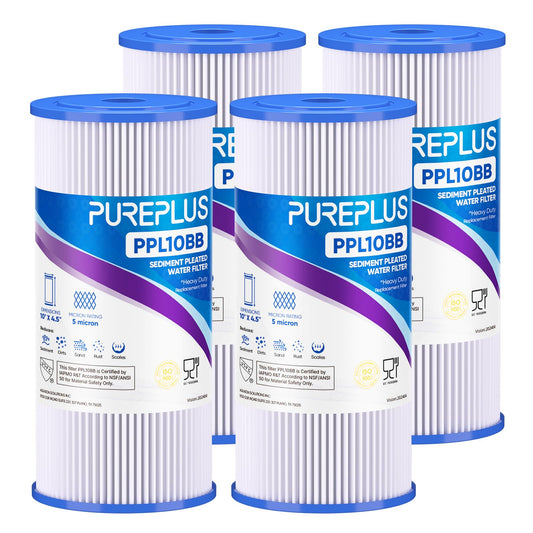 PUREPLUS 10" x 4.5" Whole House Pleated Sediment Filter for Well Water, Replacement Cartridge for GE FXHSC, Culligan R50-BBSA, Pentek R50-BB, DuPont WFHDC3001, American Plumber W50PEHD, GXWH40L, 4Pack