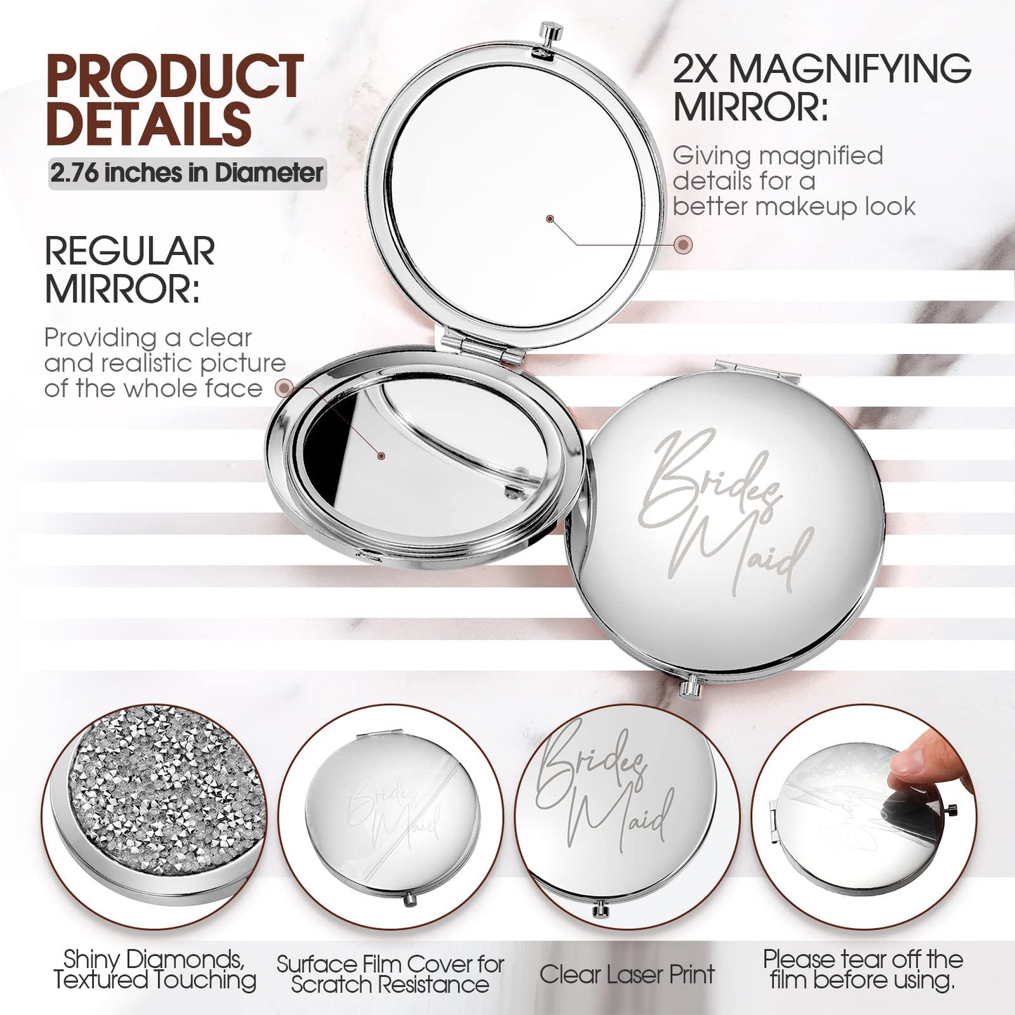 Roowest 8 Pcs Bridesmaid Proposal Gifts Set Bridesmaid Compact Mirrors Magnifying Makeup Double Sided for Purse Pocket for Women Wedding Bridal Shower Gifts Party Favors(Silver, White)