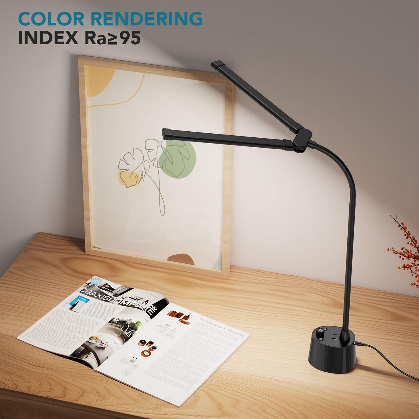 Semlos Desk Lamp for Home Office, LED Table Light with USB A+C Ports & Knob Controller, Eye-Caring for Reading, Study, Bedroom, Dimmable, Black, Charger Included
