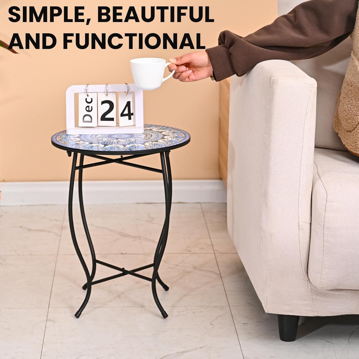 17" Tall Patio Side Table, 14 Inch Round Side Table, Weather Resistant Anti-Rust Metal Indoor Outdoor Side Table for Patio Yard Porch Balcony Garden Bedside, Dark Blue