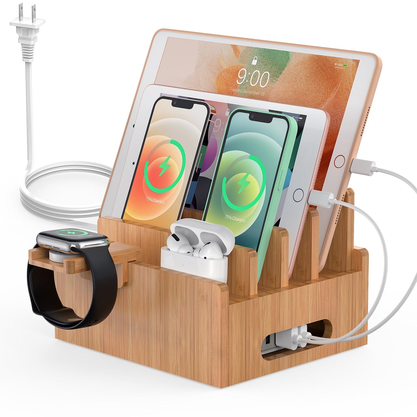 Bamboo Charging Station for Multiple Devices with 5 Port USB Charger, 5 Charger Cables,Watch and Earbud Stand; Pezin & Hulin Desk Wood Docking Stations Electronic Organizer