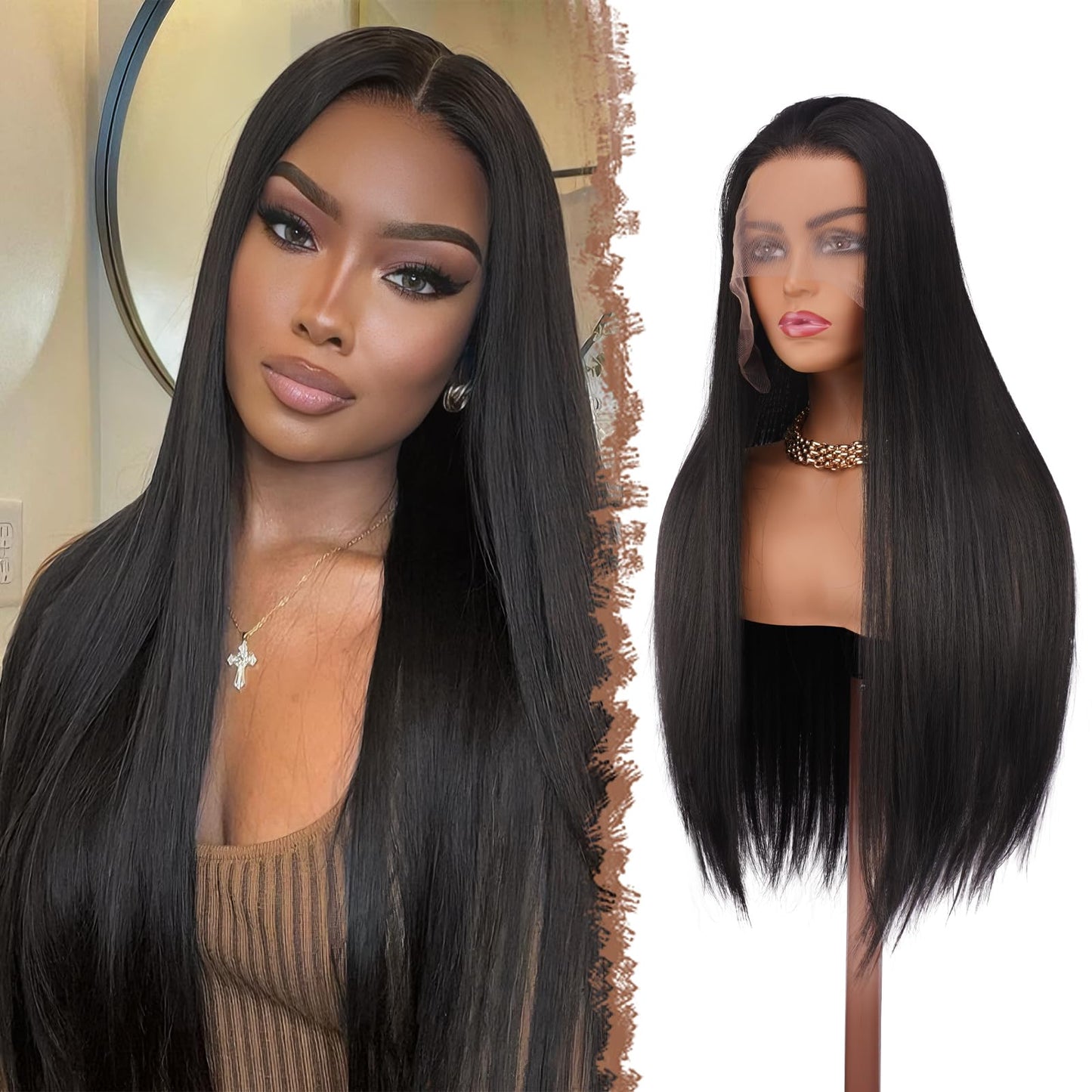 FESHFEN 13x4 Lace Front Wig - 30 inch Long Straight Natural Black Wigs Glueless Hair Wig for Black Women Synthetic Heat Resistant Pre Plucked Wig for Daily Party