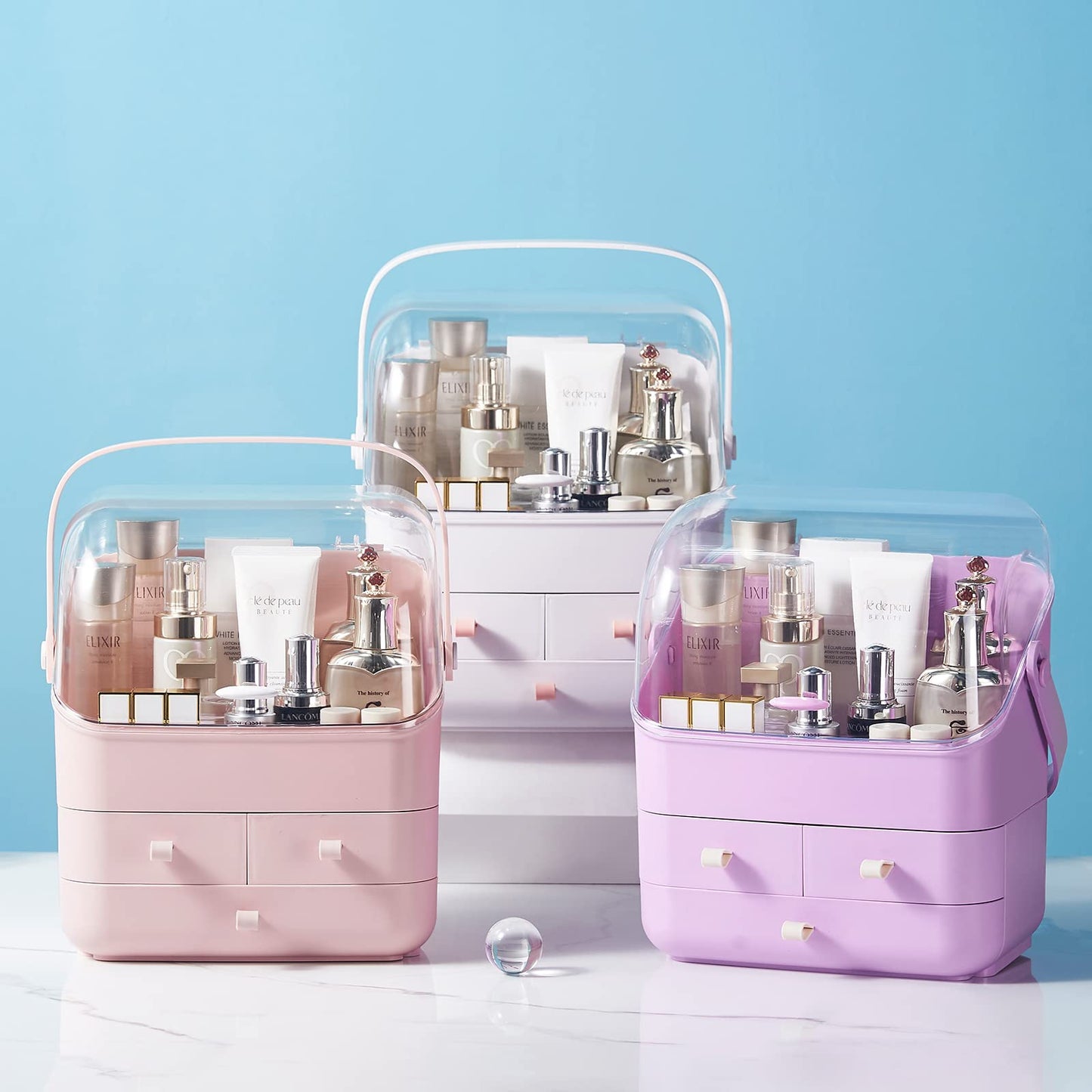 SUNFICON Makeup Organizer Cosmetic Storage Box Holder with Dust Free Cover Portable Handle,Fully Open Waterproof Lid, Dust Proof Drawers,Great for Bathroom Countertop Bedroom Dresser
