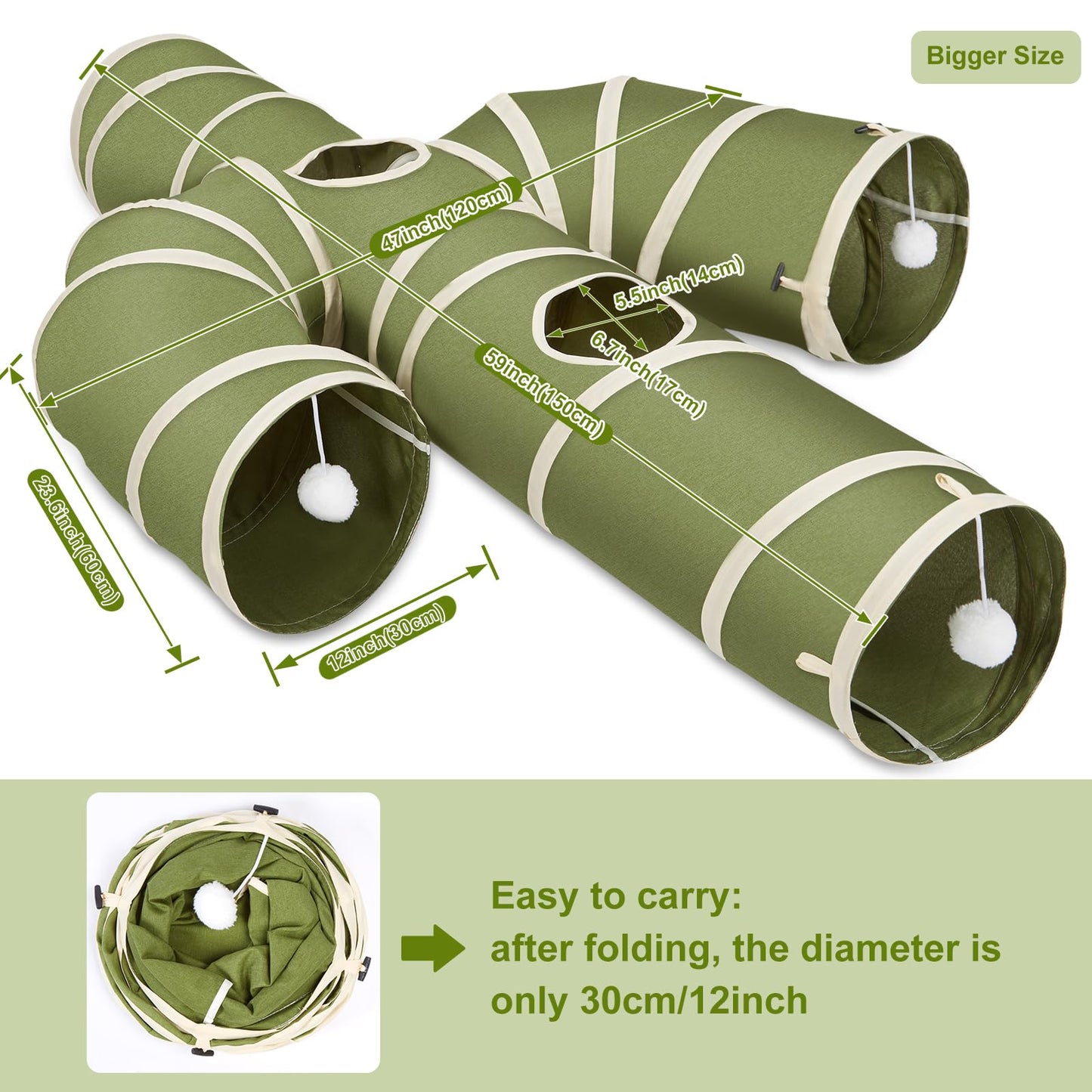 Ownpets Cat Tunnel, Larger Cactus Shape Pet Tunnel with Sturdy Oxford Fabric, Foldable and Resistant to Tearing, Featuring Multiple Exits, Hanging Ball and Teaser Wand,Grey, 11.8” Diameter