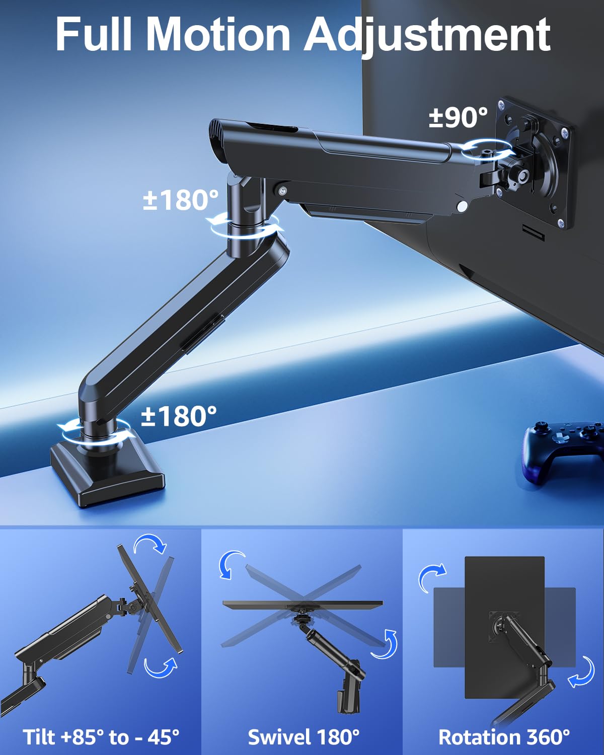 MOUNTUP Single Monitor Mount for 32 27 24 22 inch Screen, Monitor Arm Holds 4.4-22 lbs, Monitor Desk Mount, Gaming & Home Office Use, VESA 75x75mm & 100x100mm, Freelift Pro Black