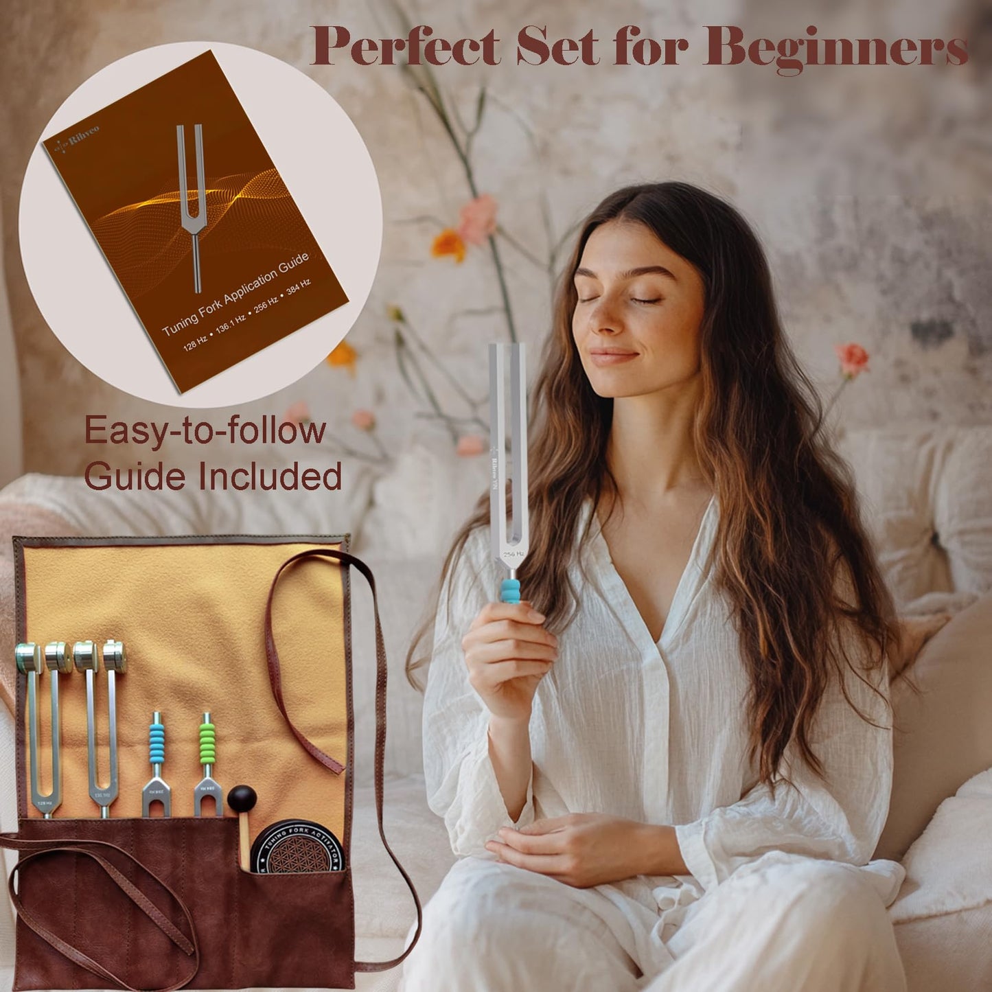 Tuning Forks for Healing Set (128Hz, 136.1Hz, 256Hz, 384Hz) with Activator & Reflex Hammer, Sound Therapy Instruments for Chakra/Yoga/Meditation, Frequency Healing Devices in Vegan Leather Pouch