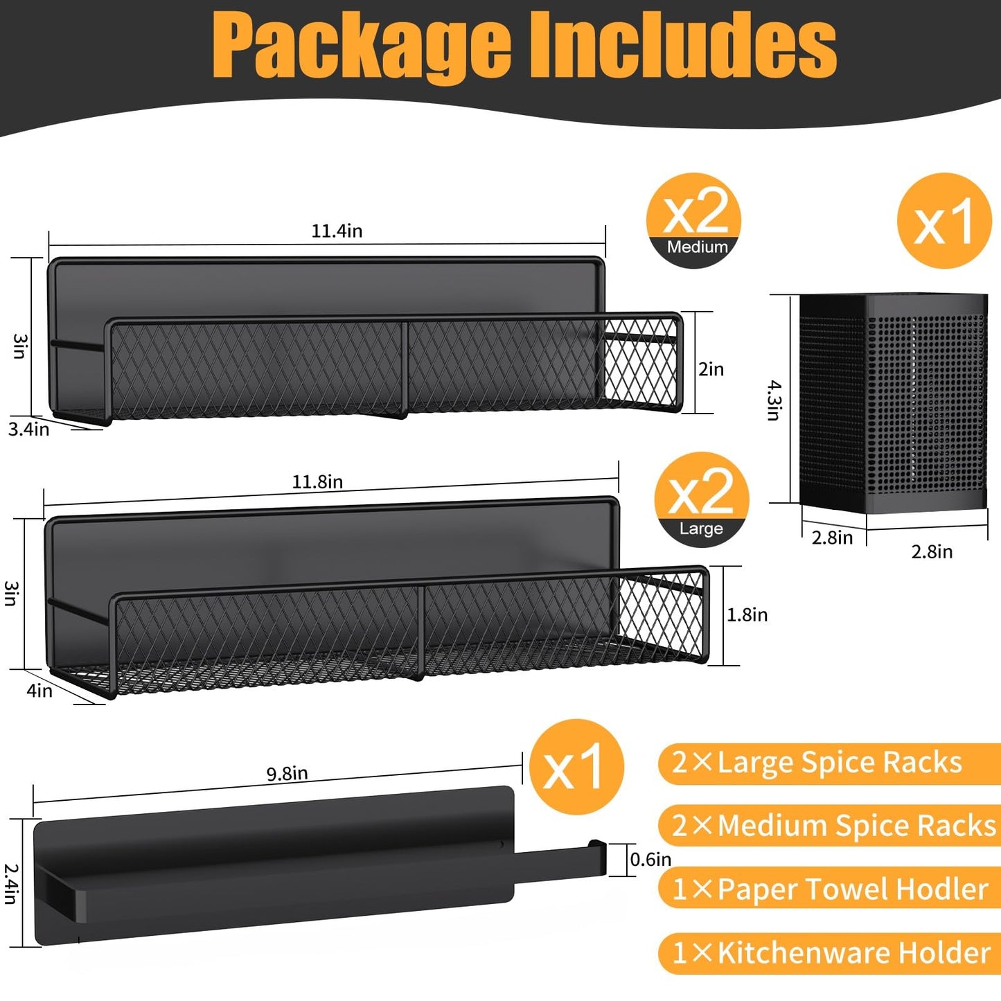 DTUQYX Magnetic Spice Rack for Refrigerator, 6 Pack Metal Magnetic Shelf Black, Moveable Spice Organizer, Strong Magnetic Storage Fridge Organizer with Paper Towel Holder, Utensils Holder