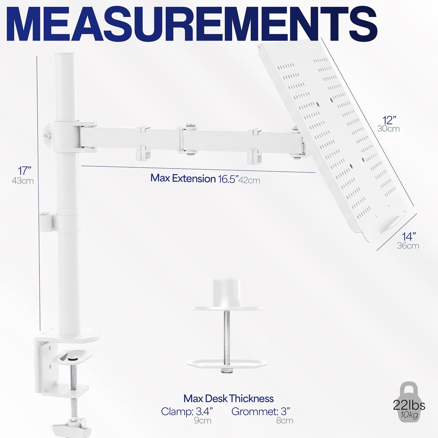 VIVO Single Laptop Notebook Desk Mount Stand, Fully Adjustable Extension with C-clamp, Fits up to 17 inch Laptops, White, STAND-V001LW