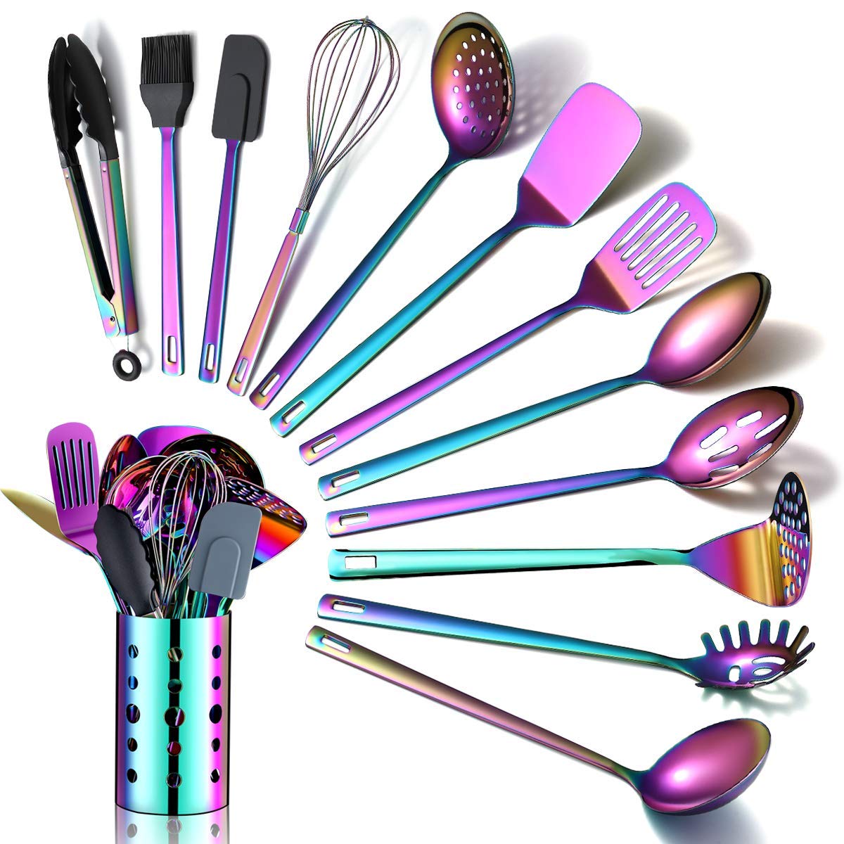 HOMQUEN Rainbow Kitchen Utenisls Set, Stainless Steel Cooking Utenisls Set with Titanium Rainbow Plating, Kitchen Tools Set with Utensil Holder for Non-Stick Cookware Dishwasher Safe (13 Packs)