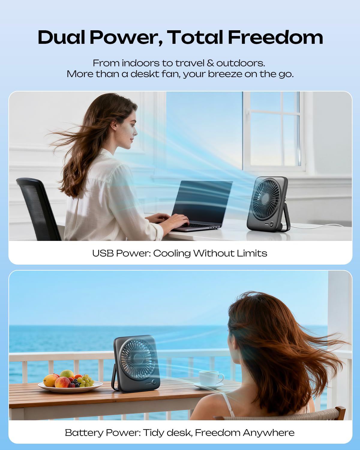 Otlonpe Personal Portable Desk Fan 2 Pack, 4000mAh Small Rechargeable Portable Fan Battery Operated & USB Powered for Travel Sleeping Bedroom Office Home Table, Cordless, Quiet, 4-Speed 6.5 Inch