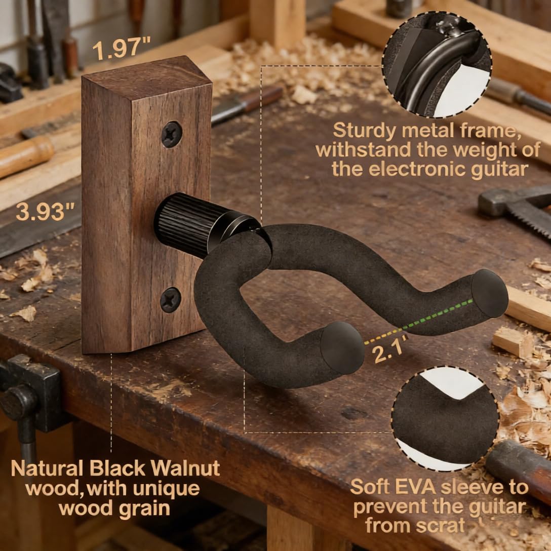 Black Walnut Guitar Wall Mount 4 Pack Guitar Hanger Wall Hook Holder Stand Display - Easy to Install - Fits All Size Guitars Bass Mandolin Banjo Ukulele