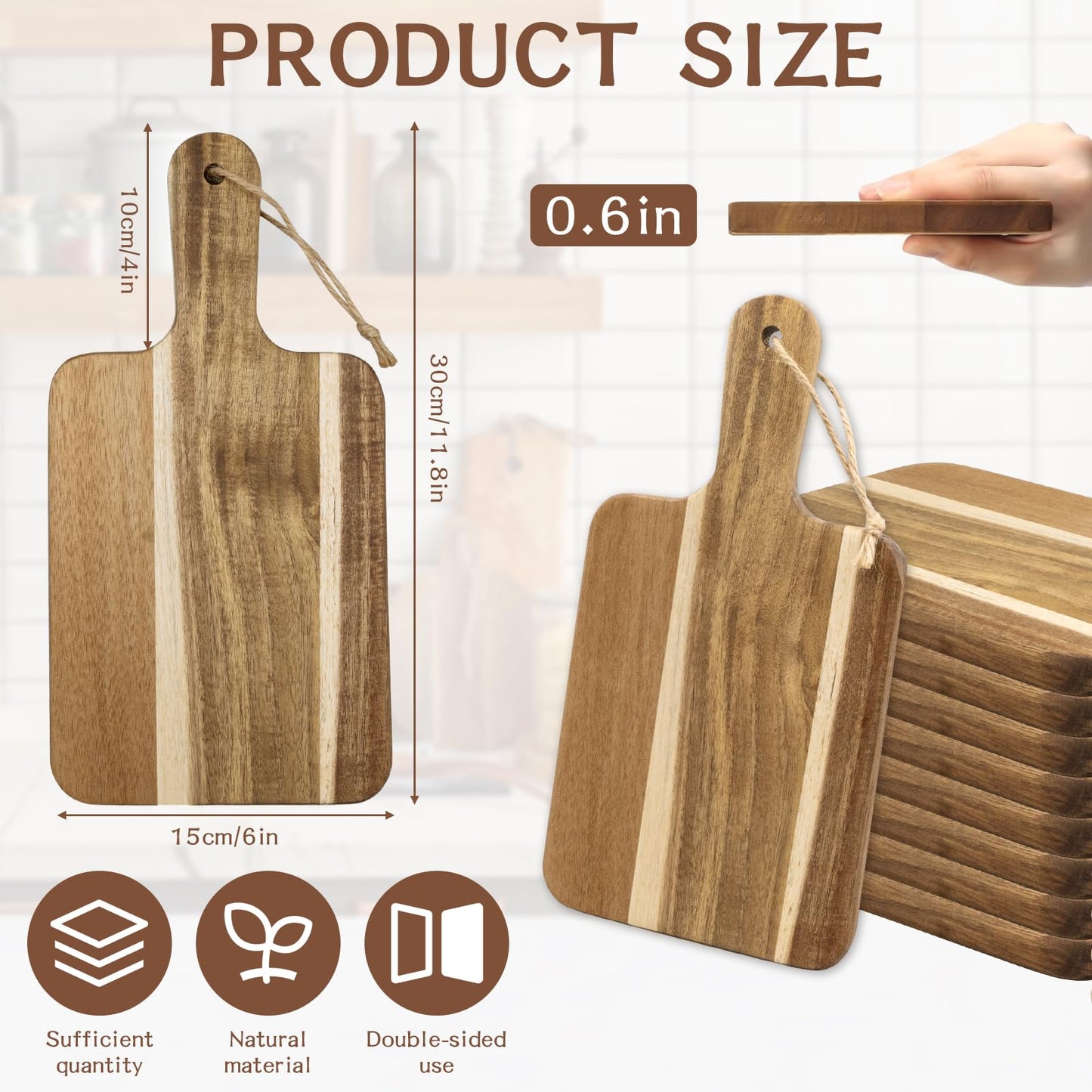 10 Pack Acacia Wood Cutting Boards Bulk,12" x 6" Small Wooden Serving Boards/Trays with Handle,Mini Charcuterie Board for Cheese, Bread, Appetizers,Kitchen,Party,Restaurant and Café